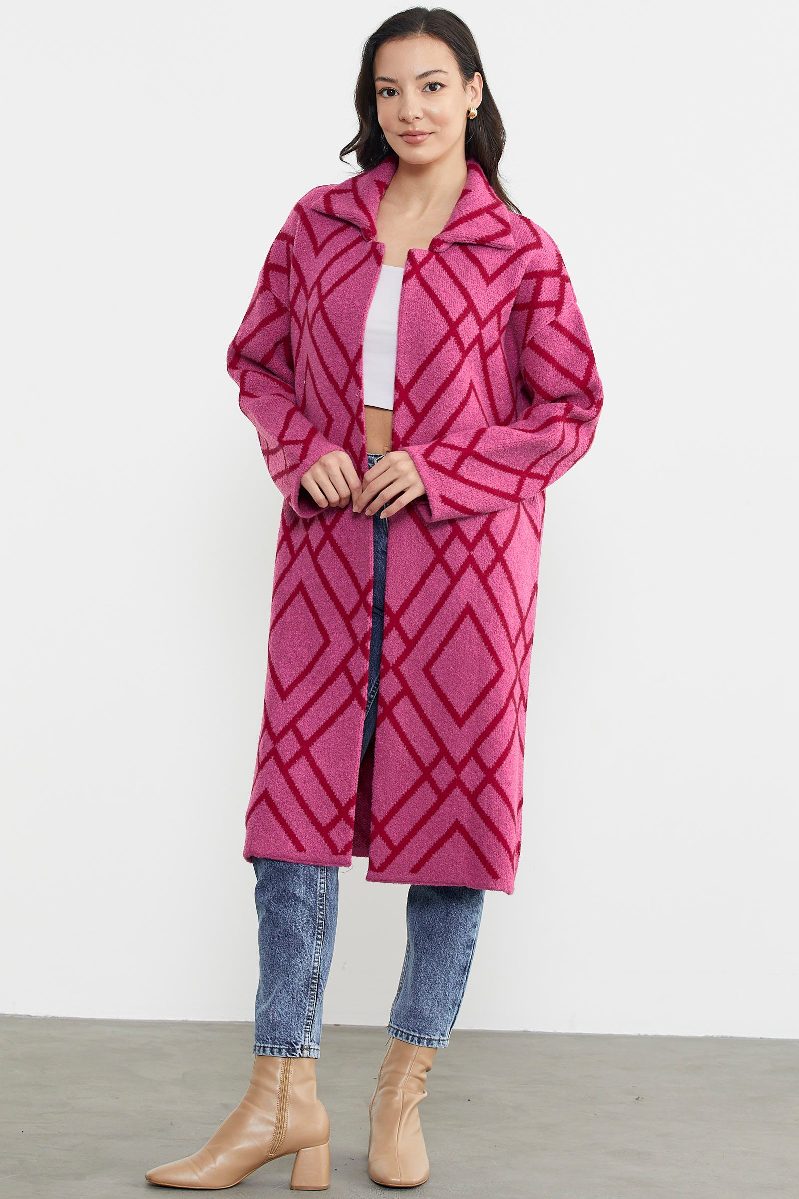 Desenli Uzun Triko Ceket - Fuşya (2) Sementa