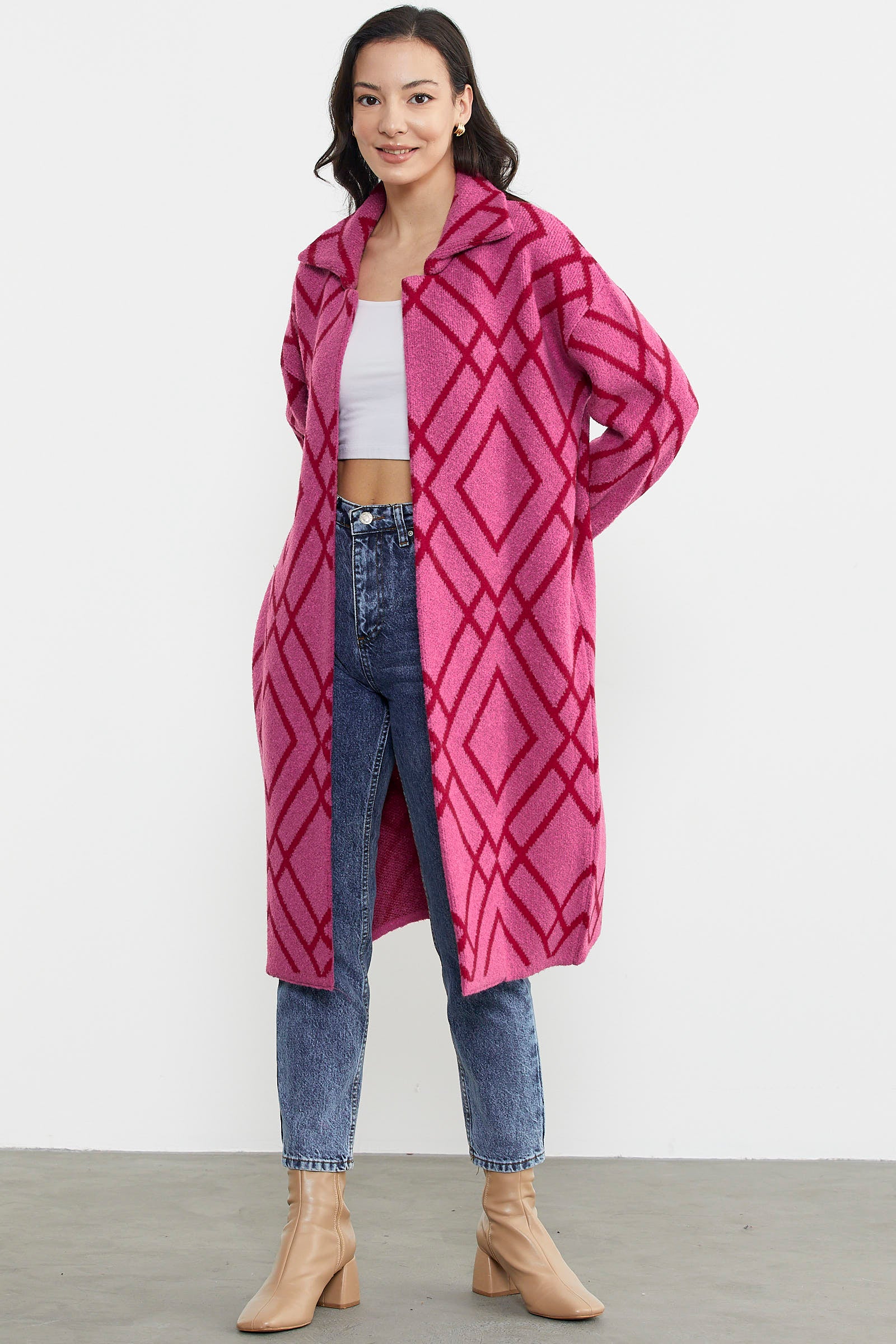 Desenli Uzun Triko Ceket - Fuşya (3) Sementa