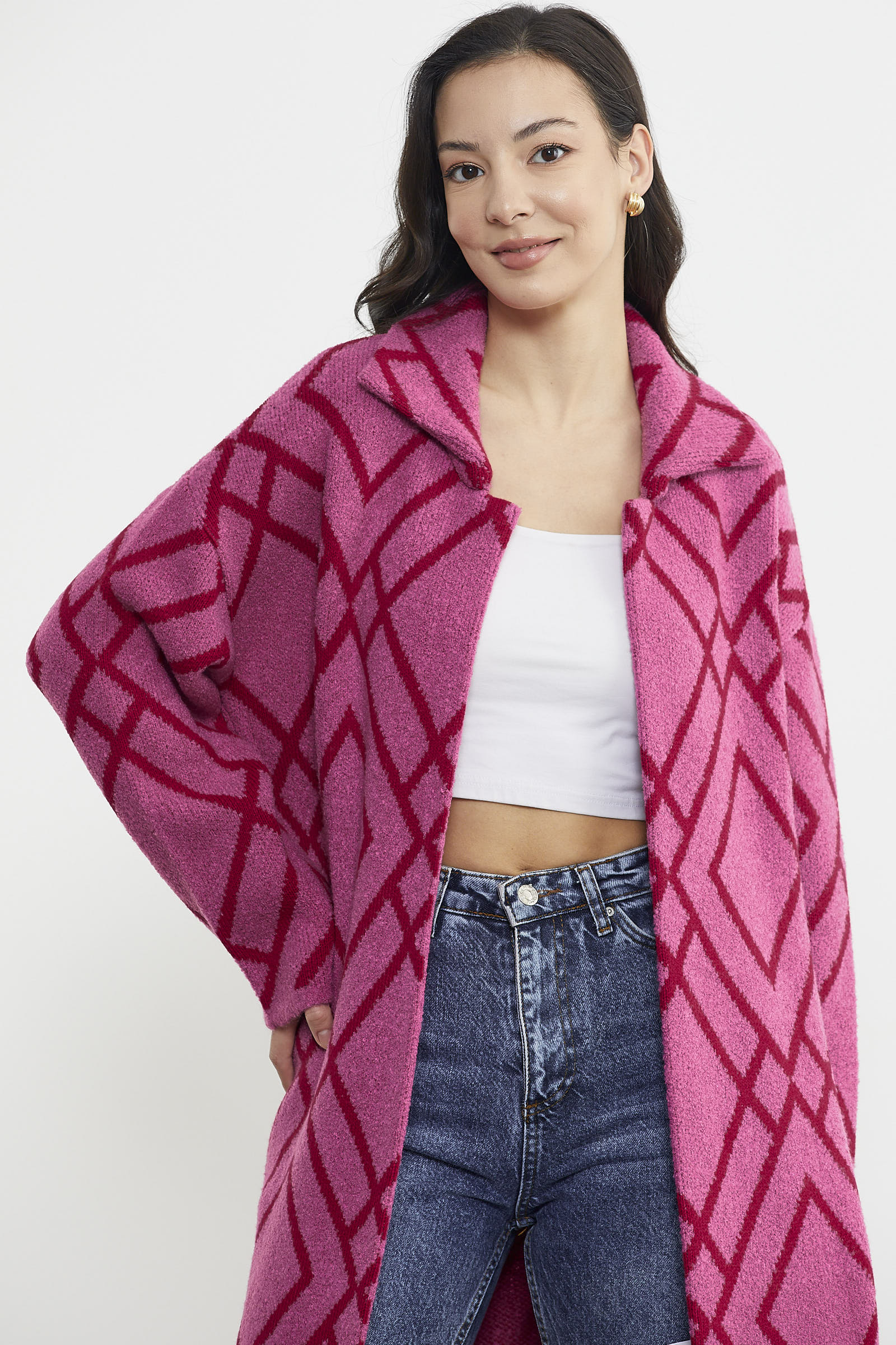Desenli Uzun Triko Ceket - Fuşya (4) Sementa