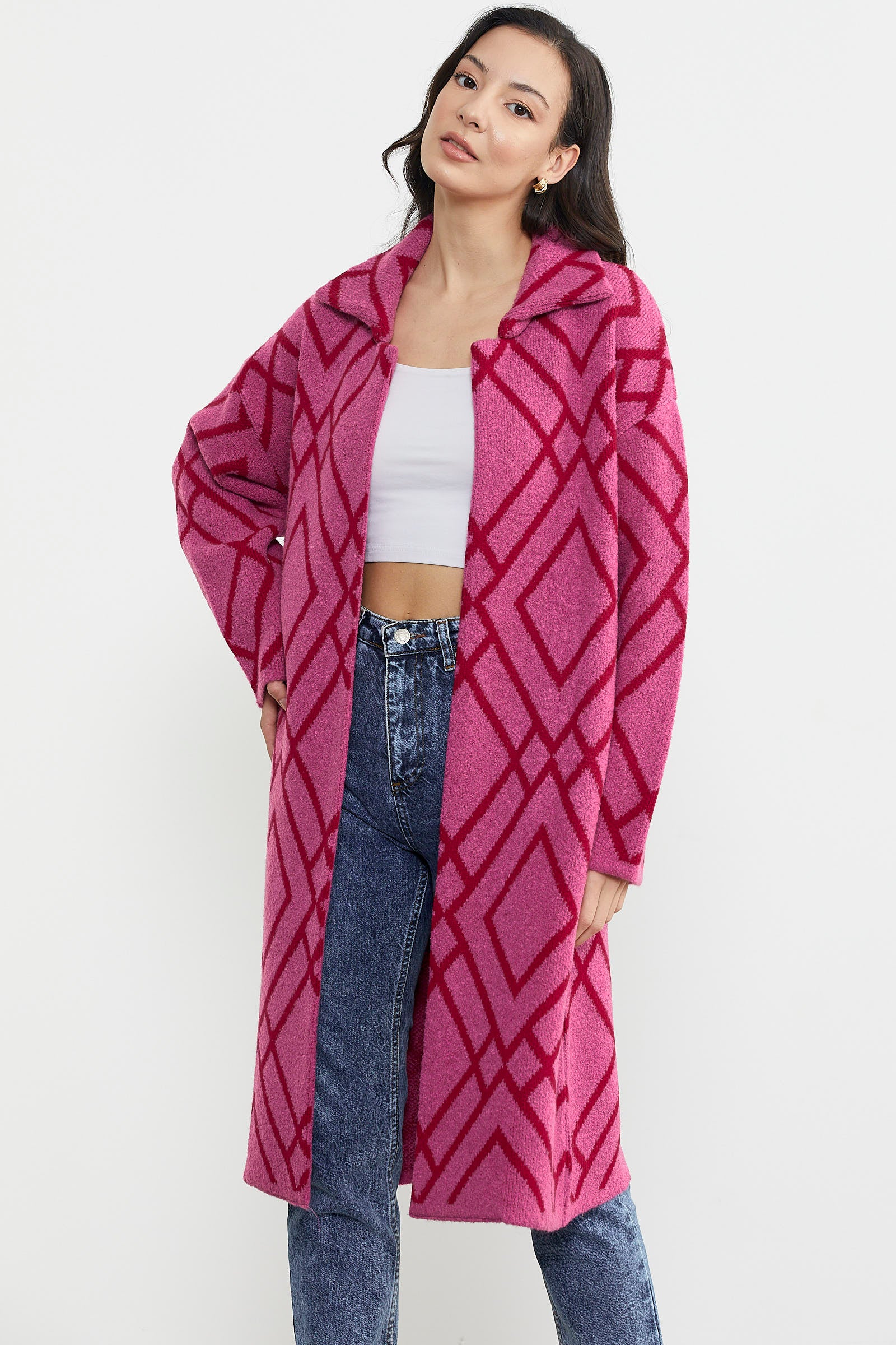 Desenli Uzun Triko Ceket - Fuşya (5) Sementa