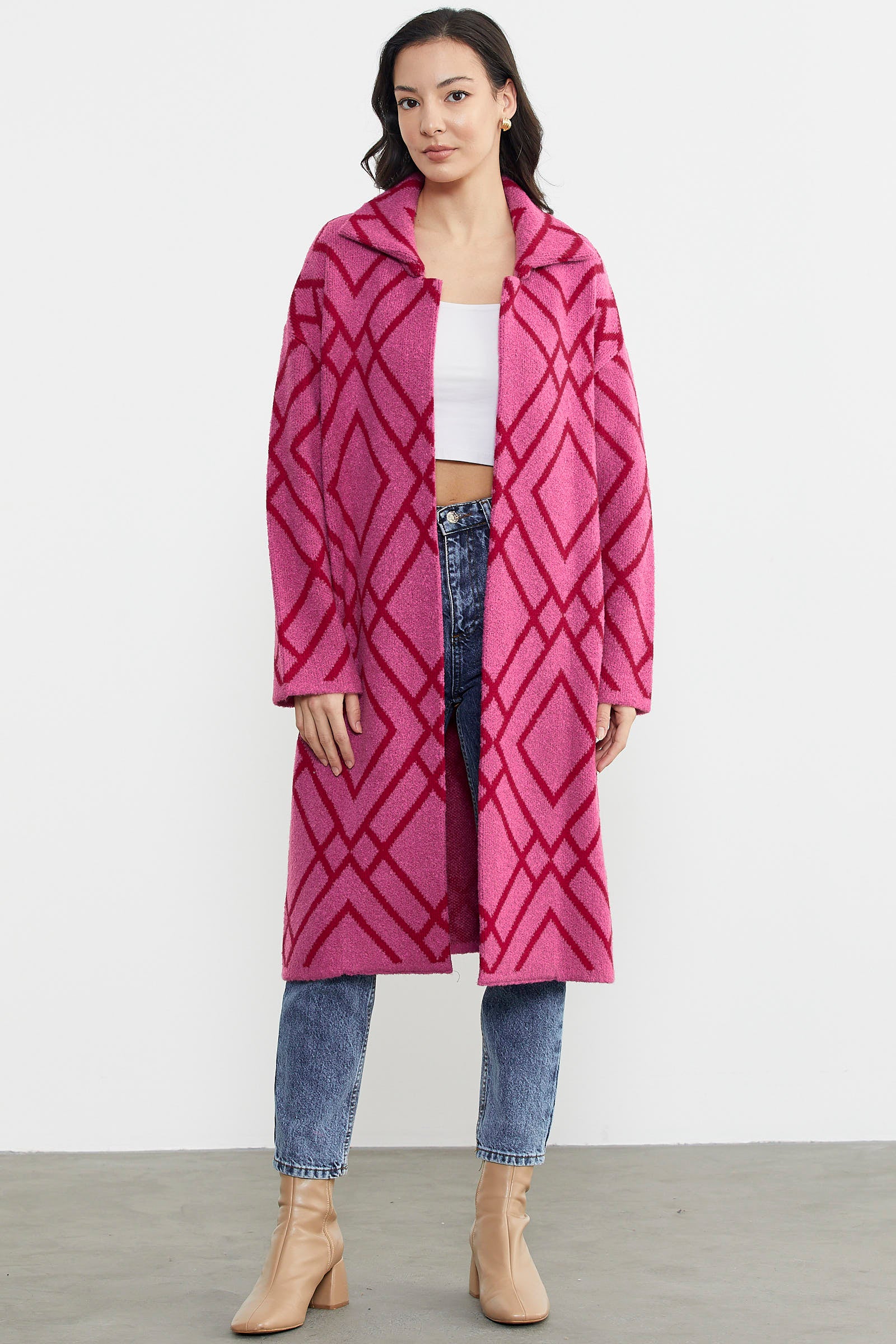 Desenli Uzun Triko Ceket - Fuşya (6) Sementa