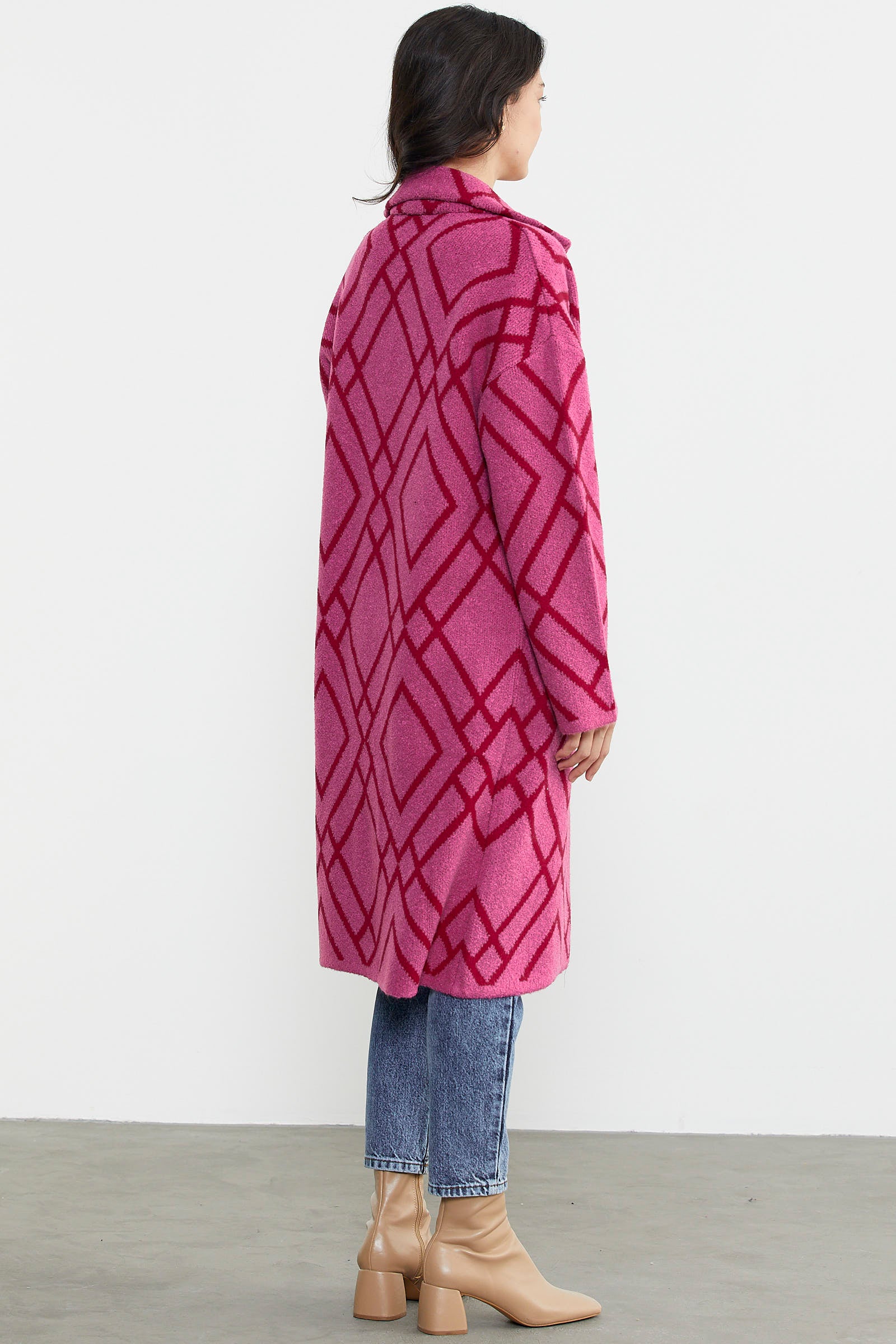 Desenli Uzun Triko Ceket - Fuşya (7) Sementa