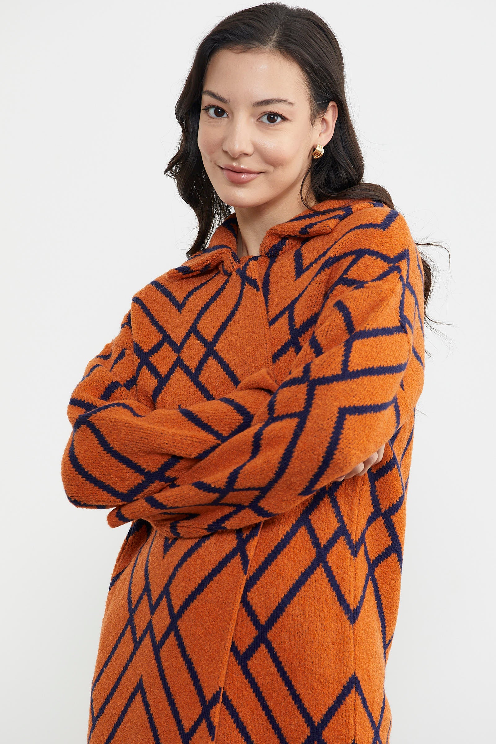 Desenli Uzun Triko Ceket - Oranj (5) Sementa