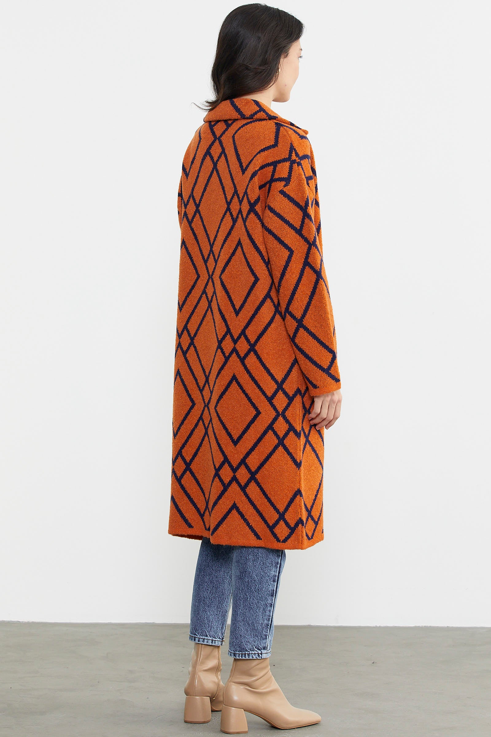 Desenli Uzun Triko Ceket - Oranj (6) Sementa