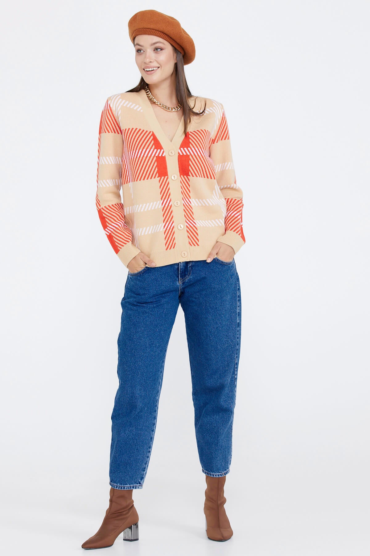 Desenli V Yaka Kadın Triko Hırka - Bej (3) Sementa