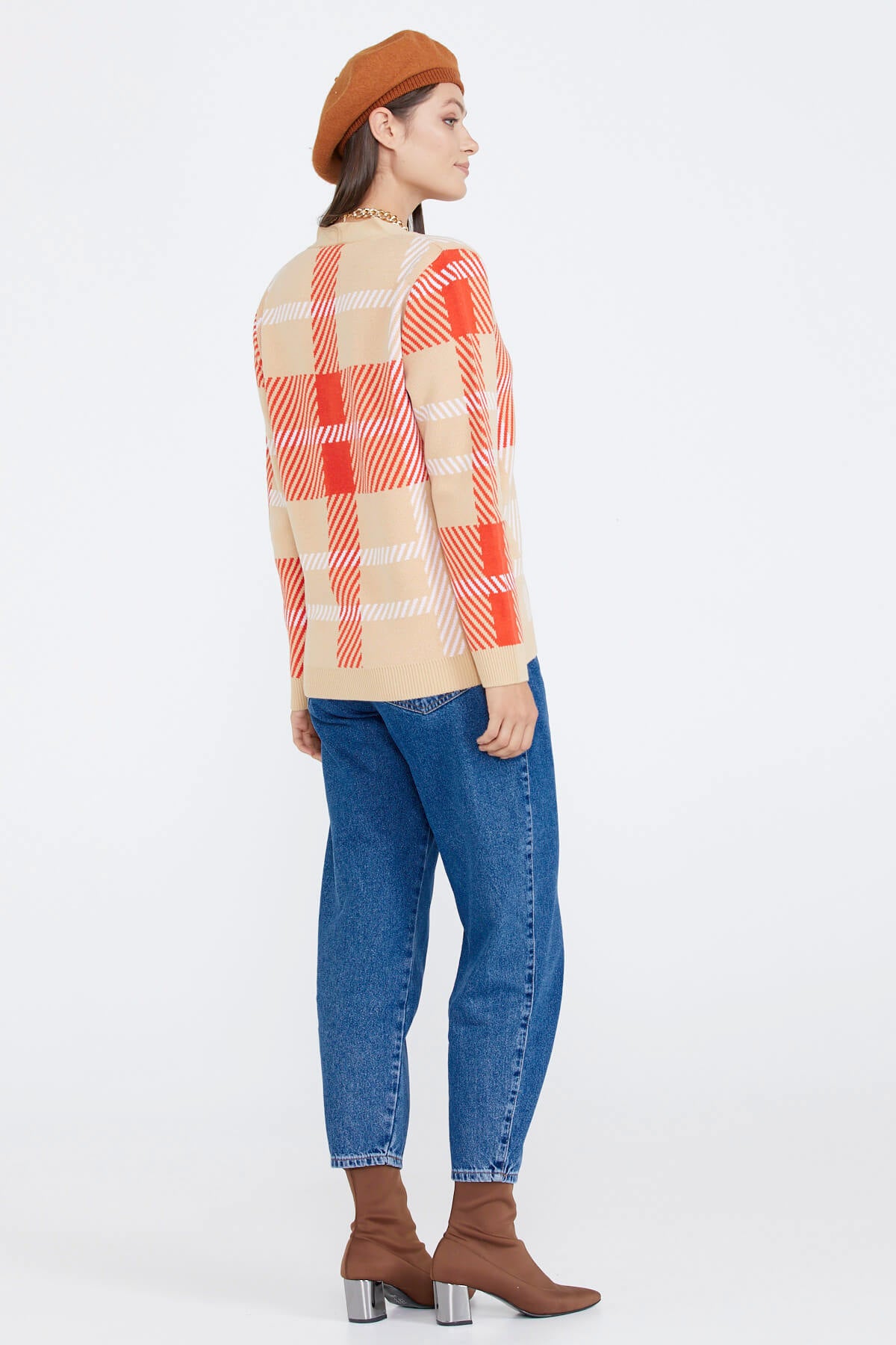 Desenli V Yaka Kadın Triko Hırka - Bej (4) Sementa