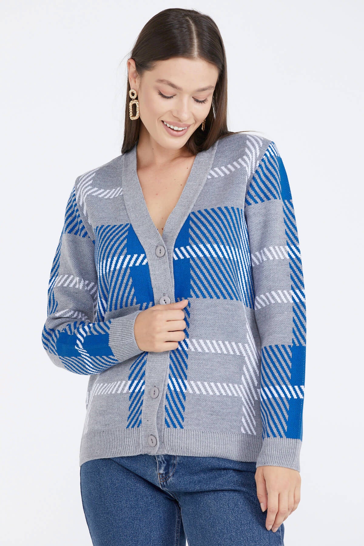 Desenli V Yaka Kadın Triko Hırka - Gri (1) Sementa