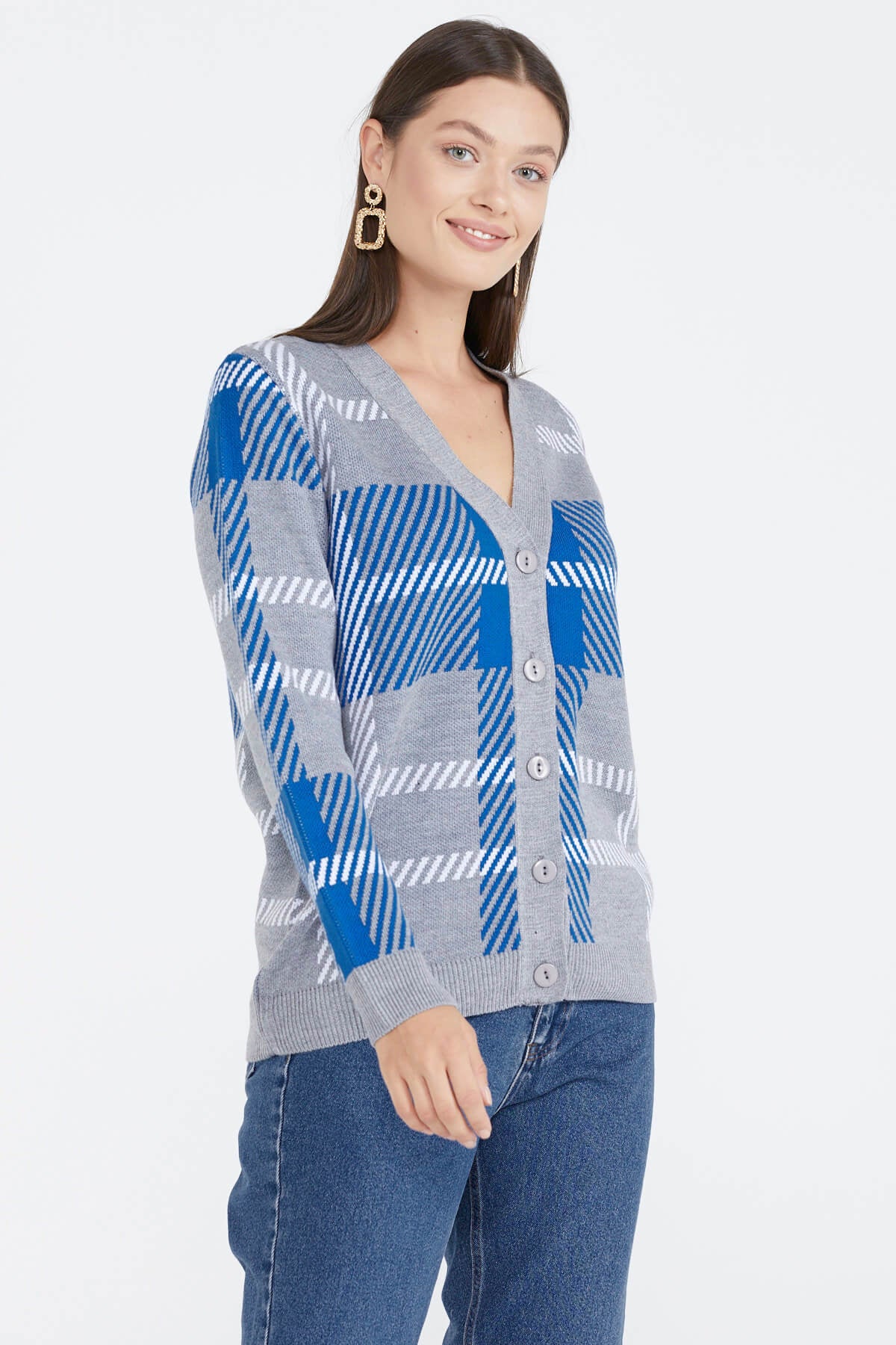 Desenli V Yaka Kadın Triko Hırka - Gri (2) Sementa