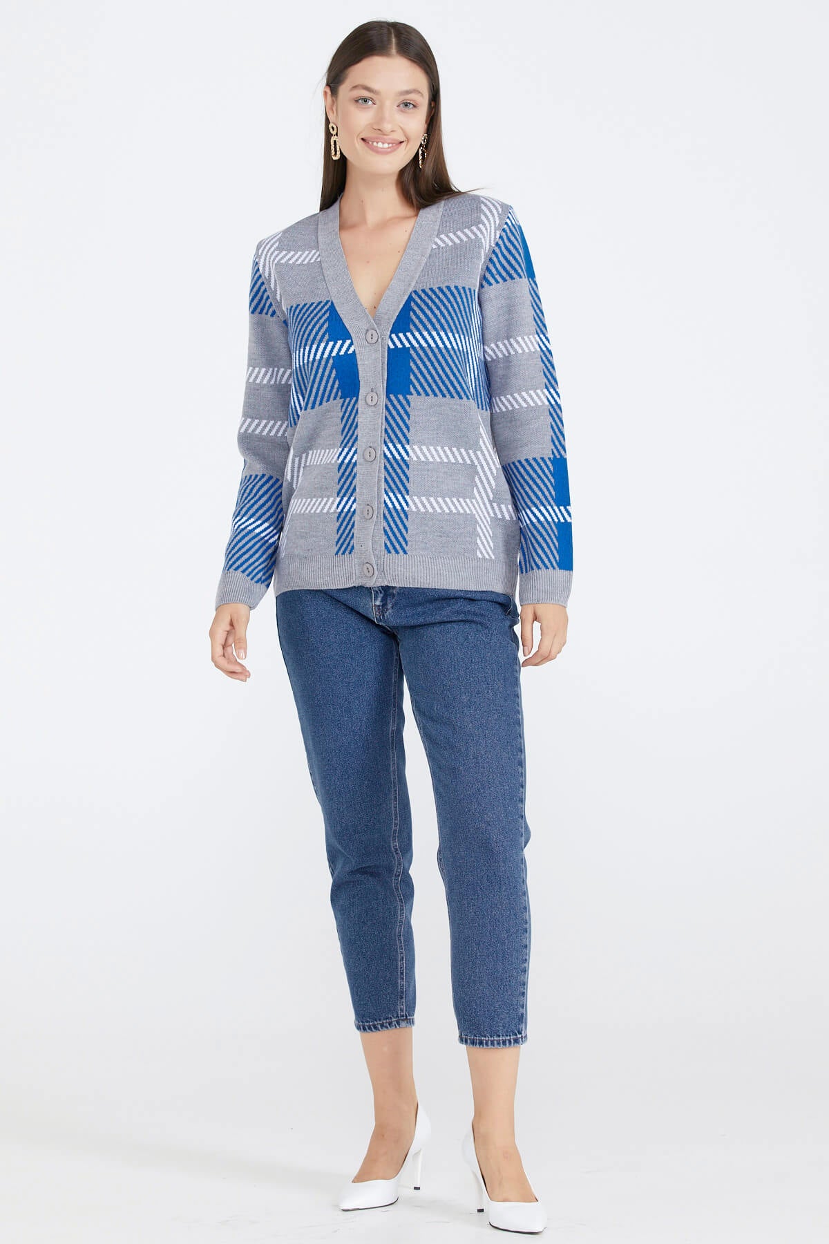 Desenli V Yaka Kadın Triko Hırka - Gri (3) Sementa