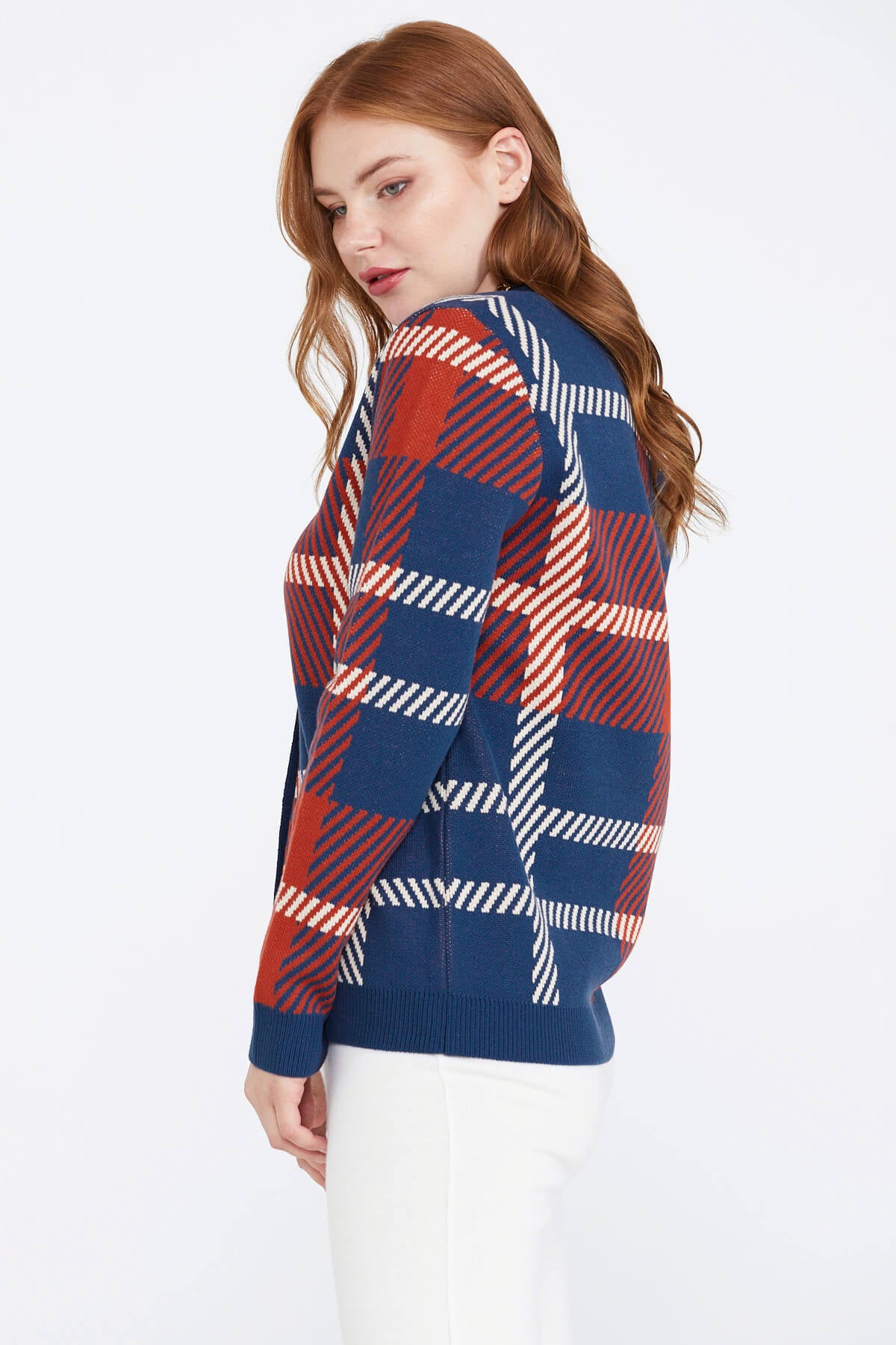 Desenli V Yaka Kadın Triko Hırka - Lacivert (3) Sementa