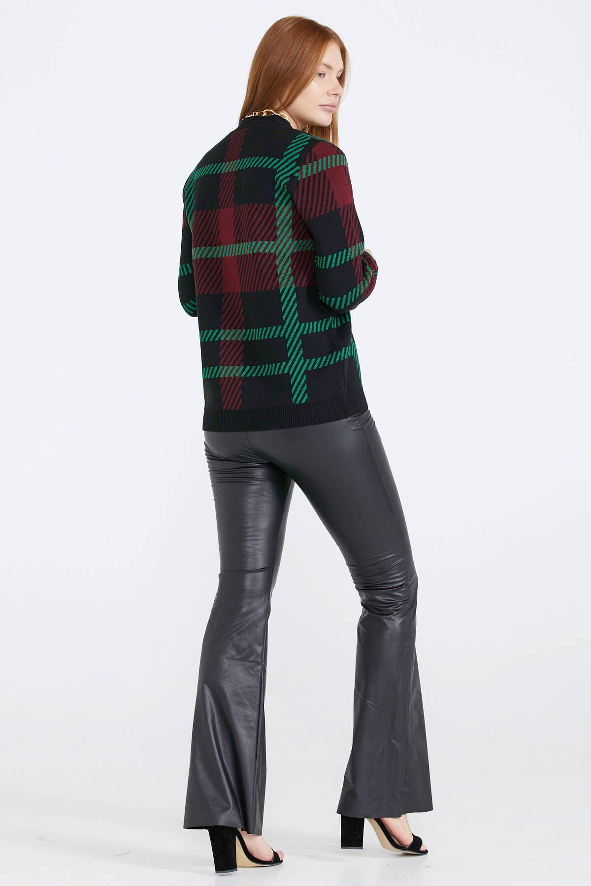 Desenli V Yaka Kadın Triko Hırka - Siyah (4) Sementa