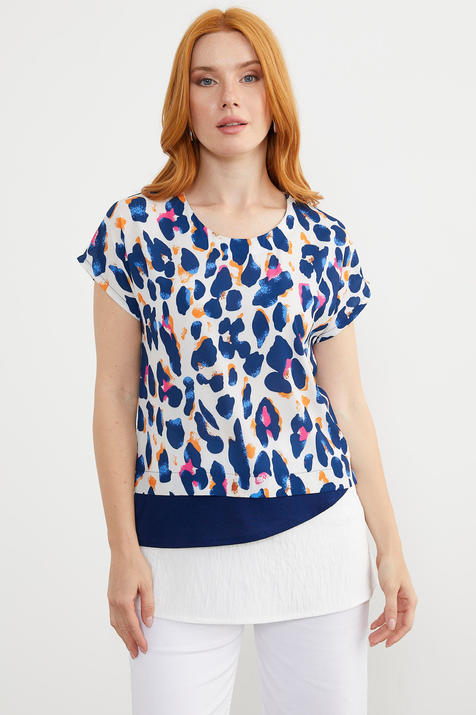 Desenli V Yaka Krep Bluz - Lacivert (1) Sementa