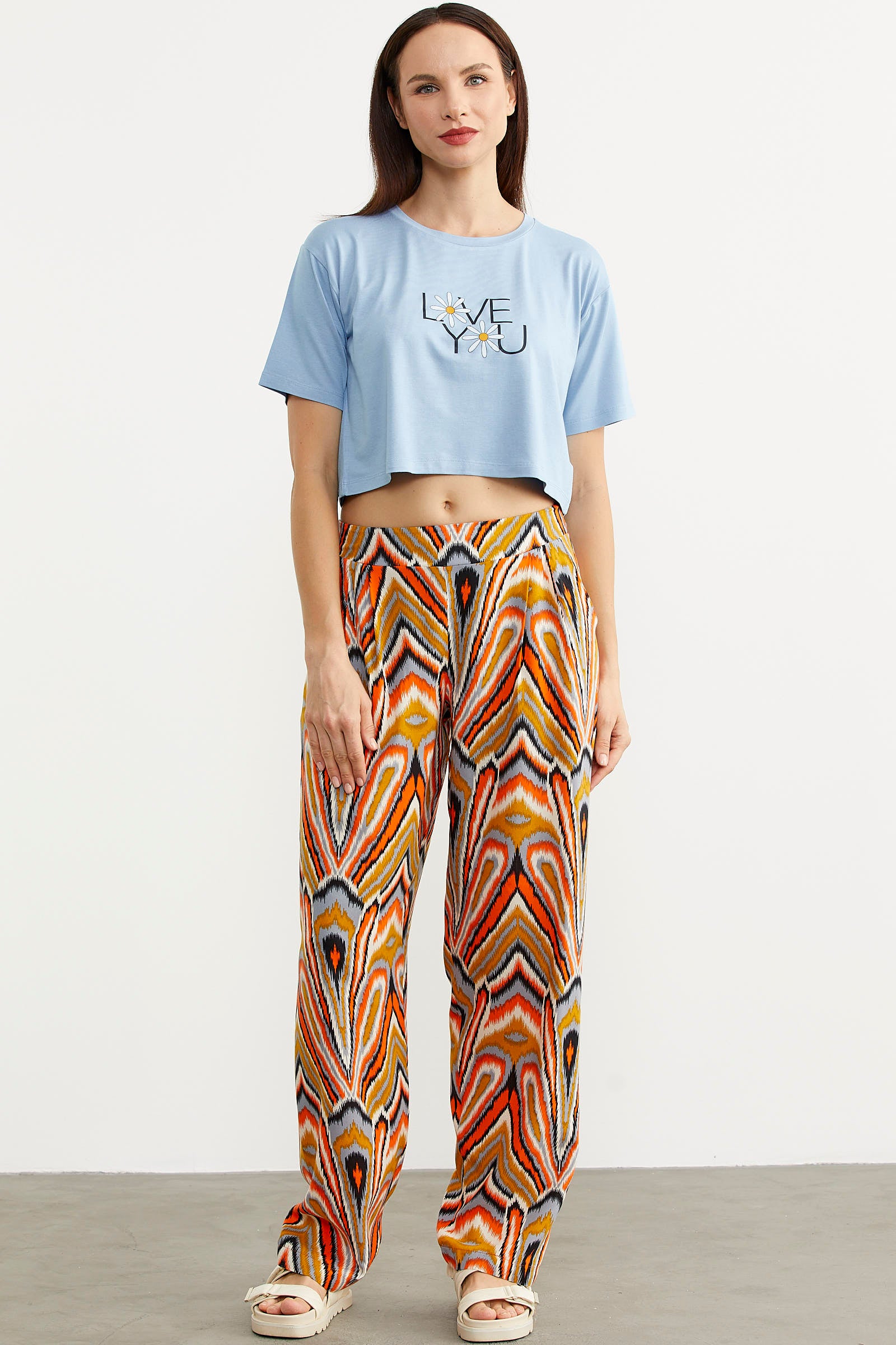 Desenli Viskon Dökümlü Pantolon - Turuncu (2) Sementa