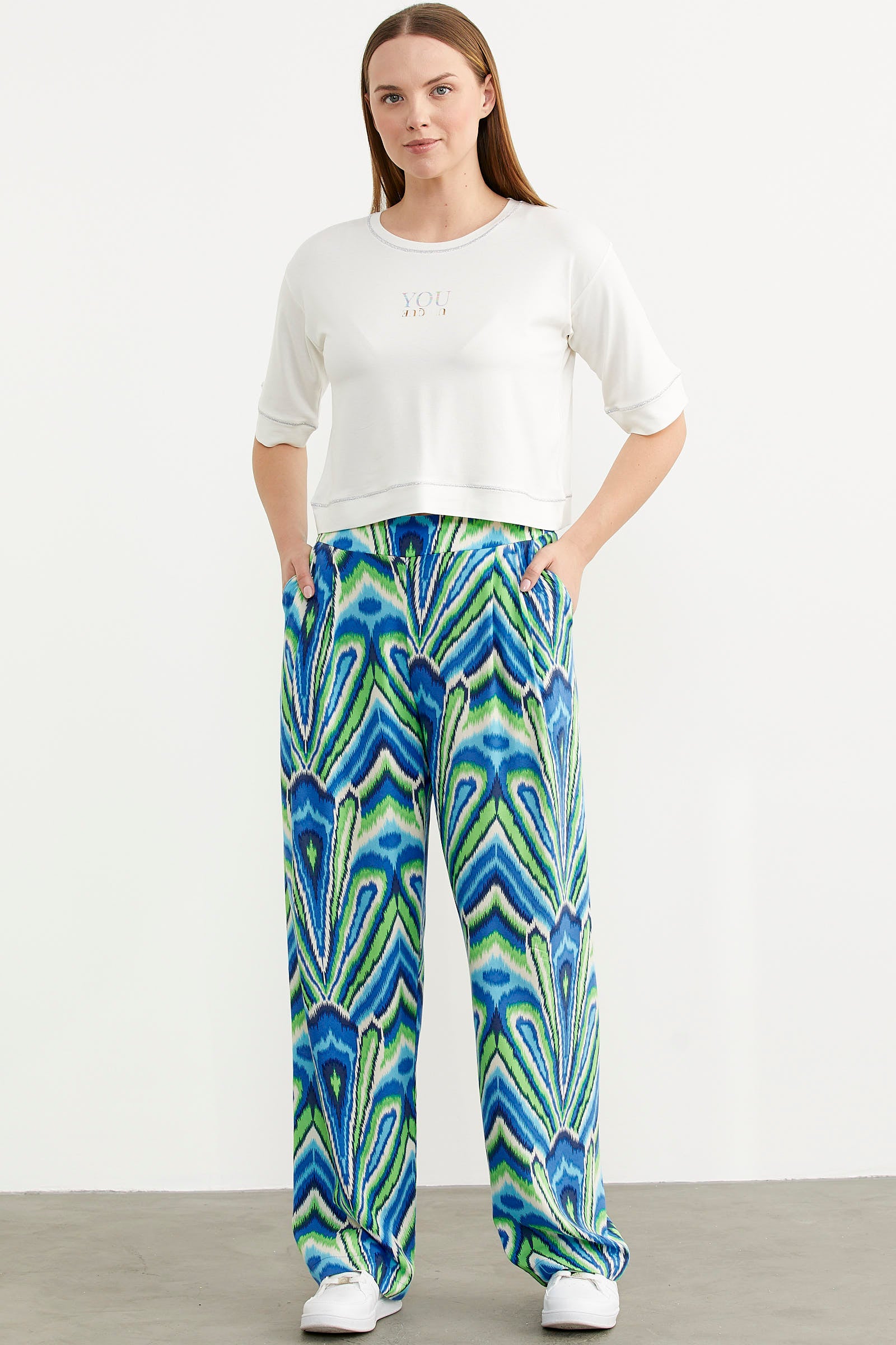 Desenli Viskon Dökümlü Pantolon - Yeşil (1) Sementa