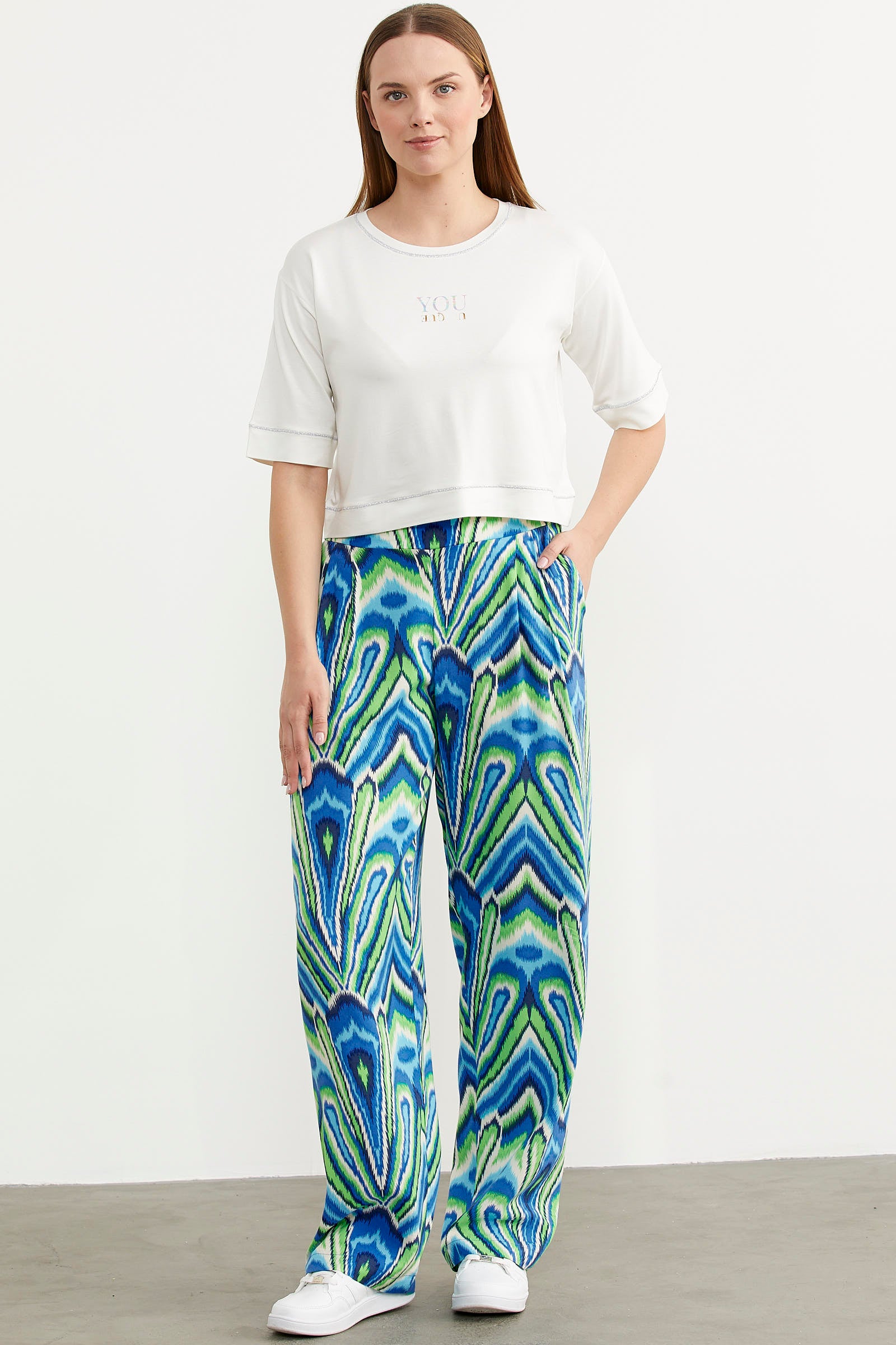 Desenli Viskon Dökümlü Pantolon - Yeşil (2) Sementa