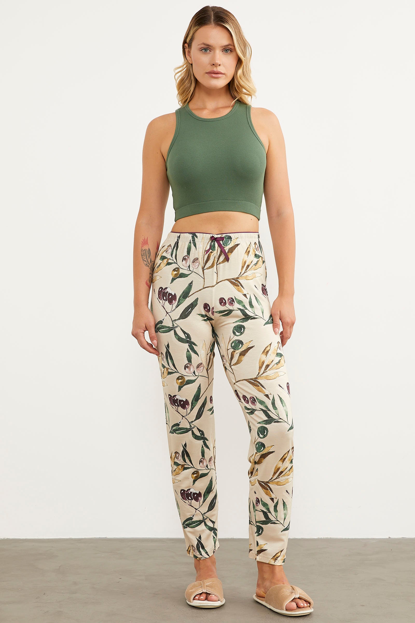 Desenli Viskon Pijama Altı - Bej (1) Sementa