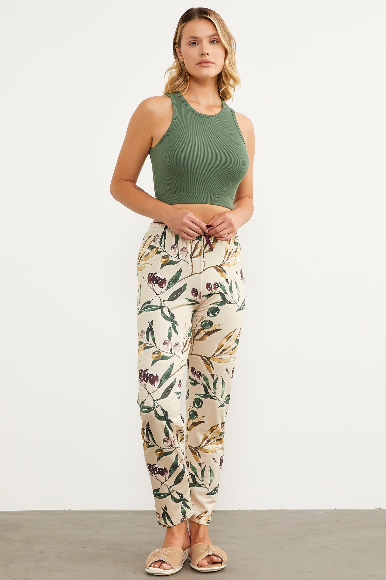 Desenli Viskon Pijama Altı - Bej (2) Sementa