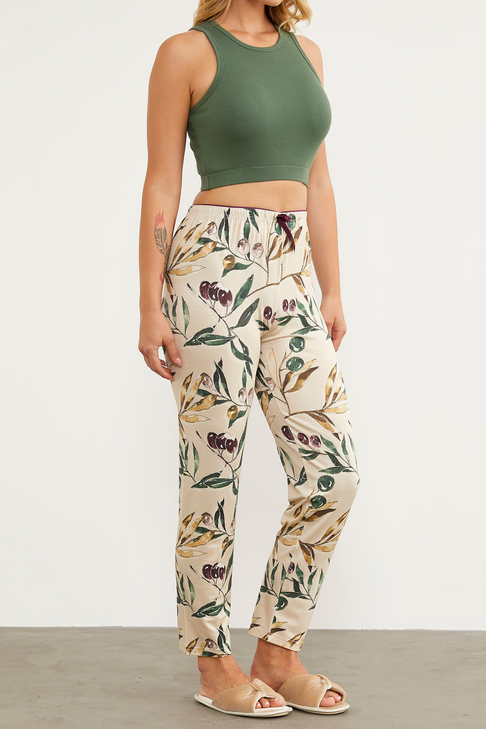 Desenli Viskon Pijama Altı - Bej (3) Sementa