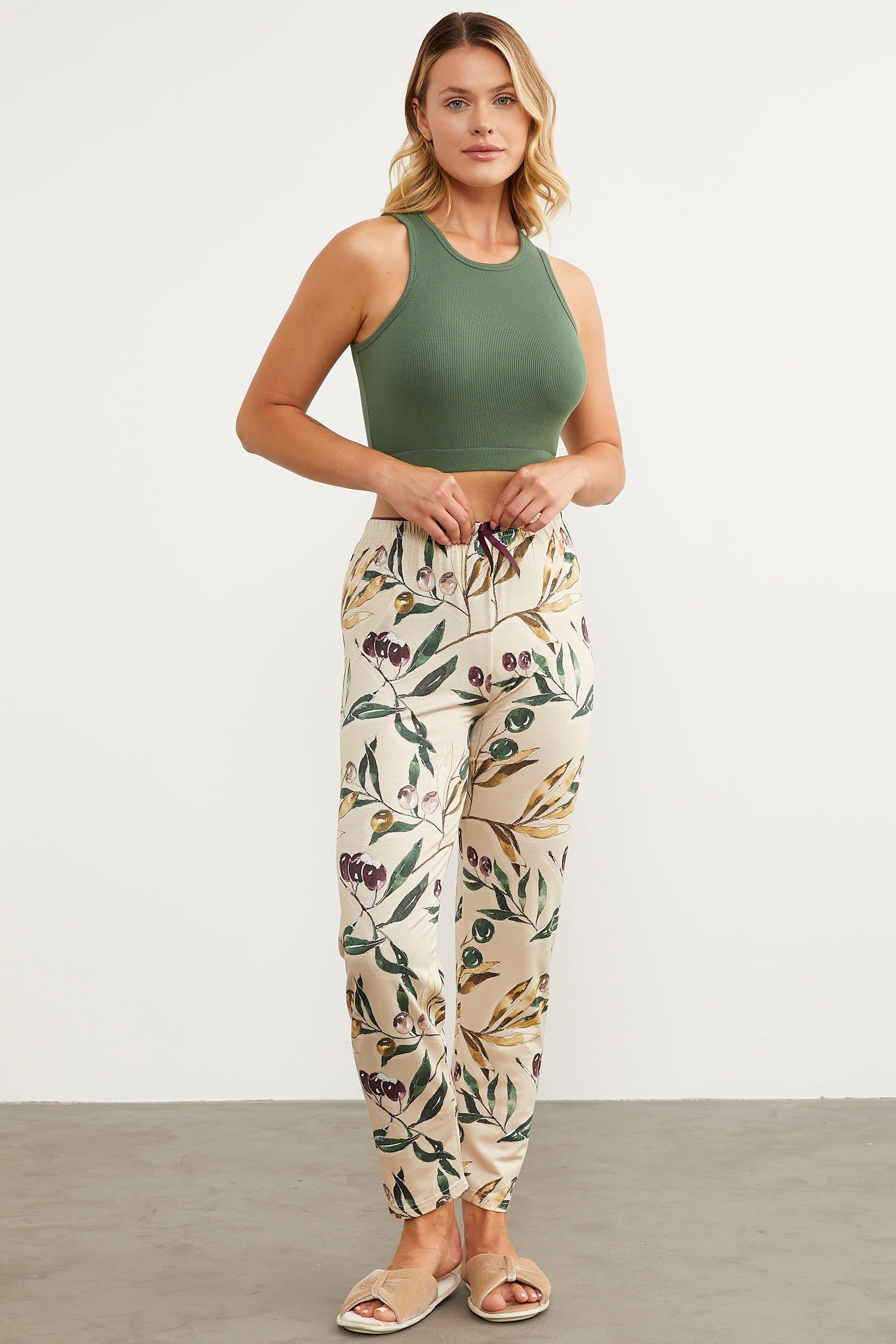 Desenli Viskon Pijama Altı - Bej (4) Sementa