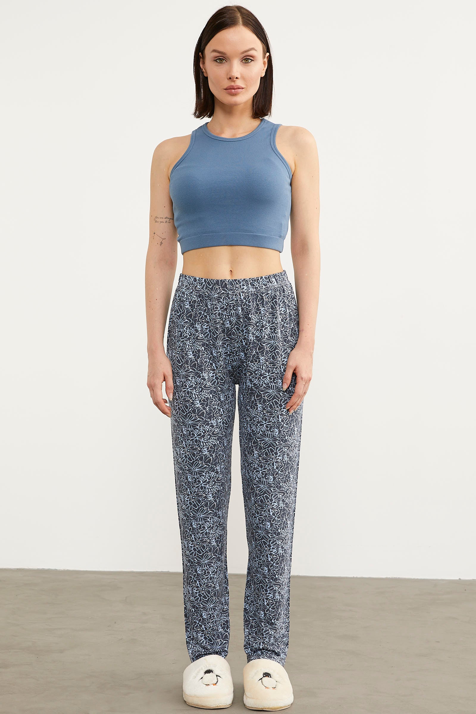 Desenli Viskon Pijama Altı - Füme (1) Sementa