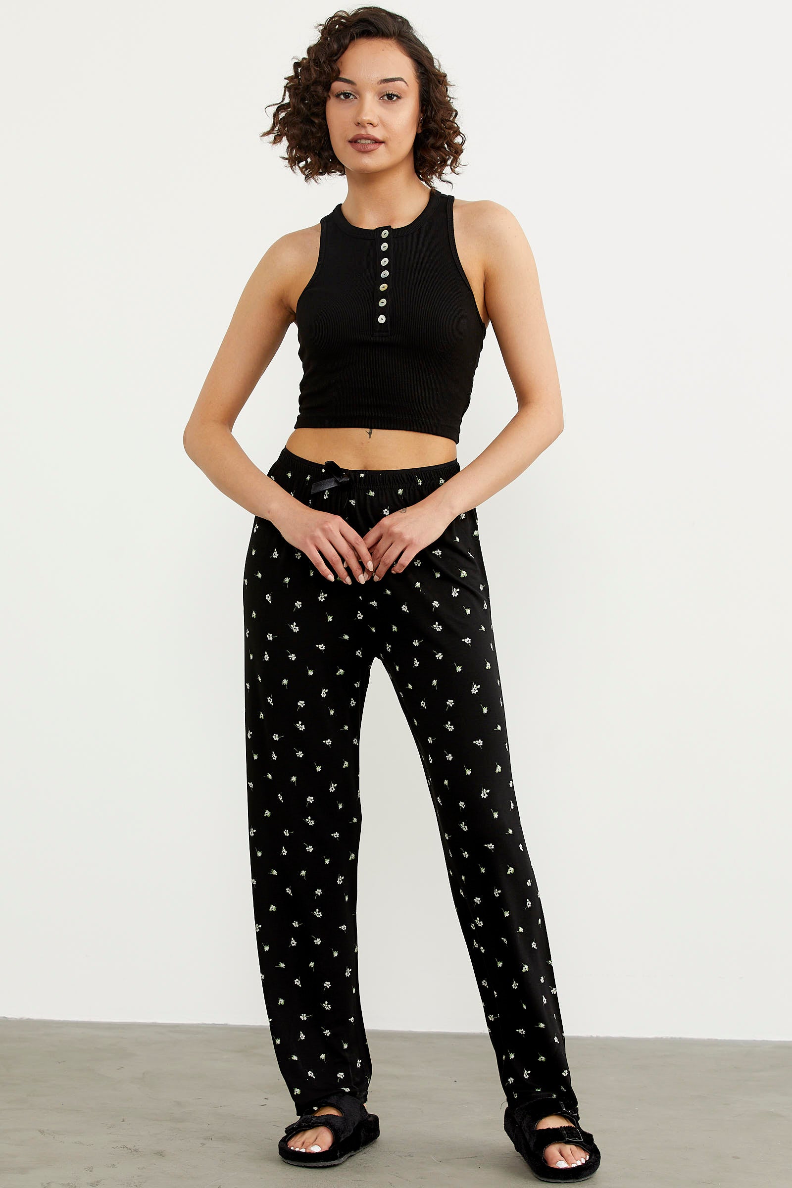 Desenli Viskon Pijama Altı - Siyah (2) Sementa