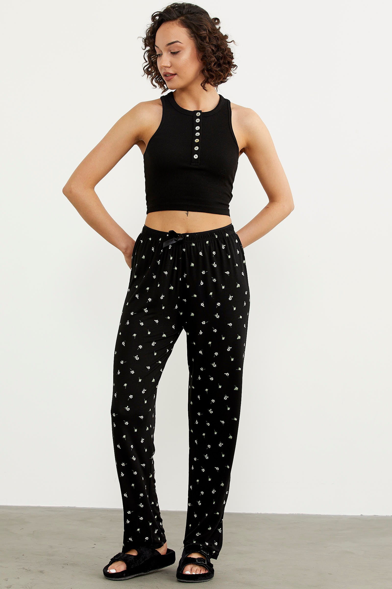Desenli Viskon Pijama Altı - Siyah (3) Sementa