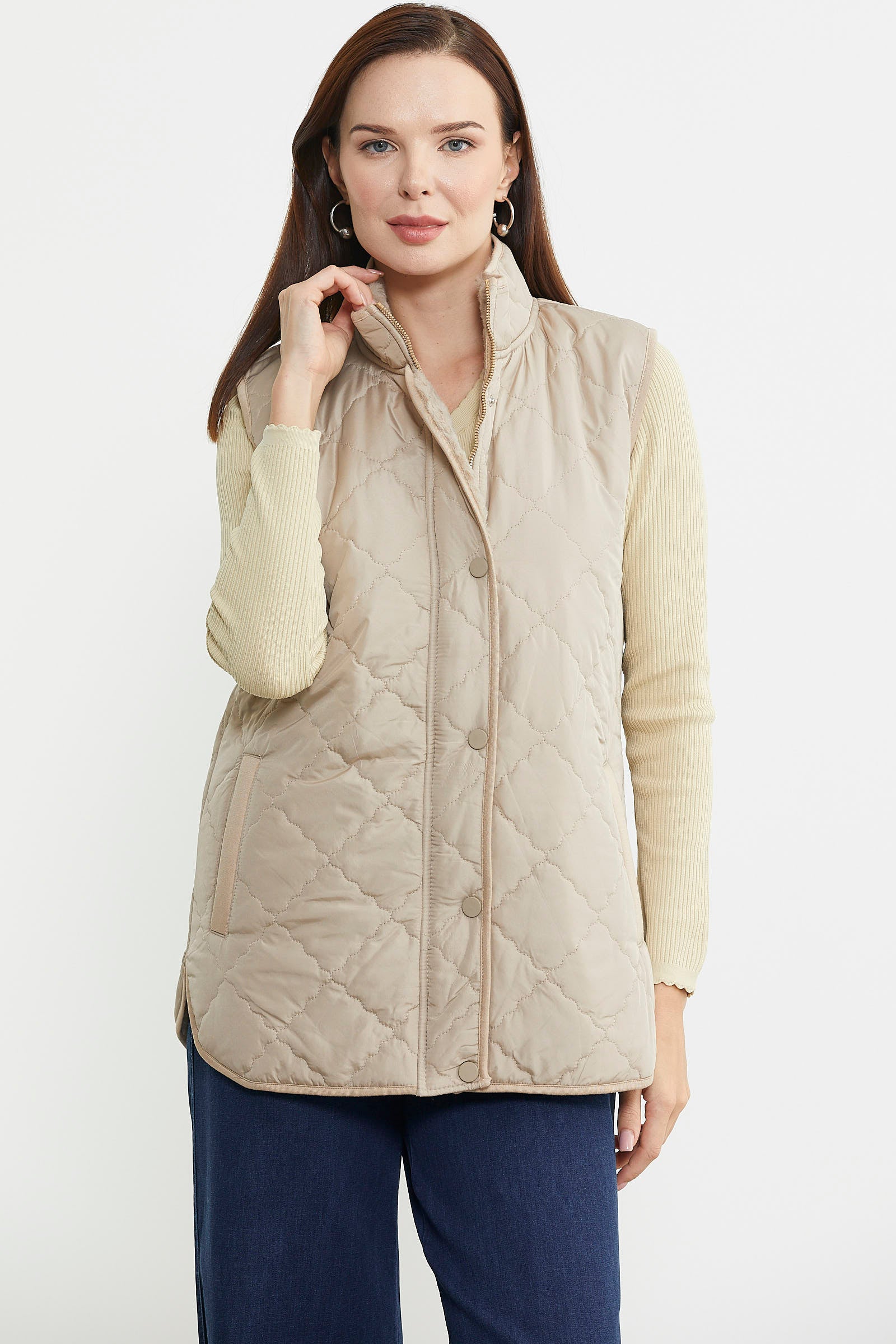 Dik Yaka Cepli Kapitone Yelek - Bej - Sementa