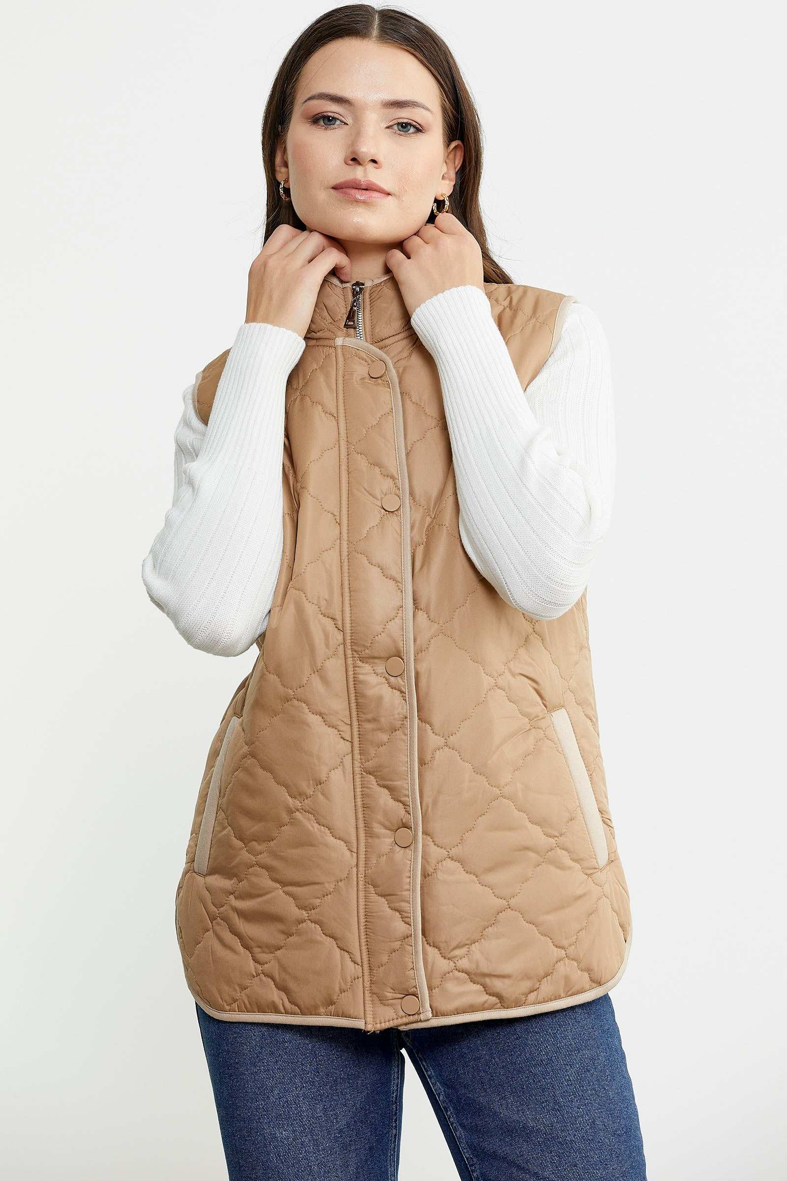 Dik Yaka Cepli Kapitone Yelek - Kamel - Sementa