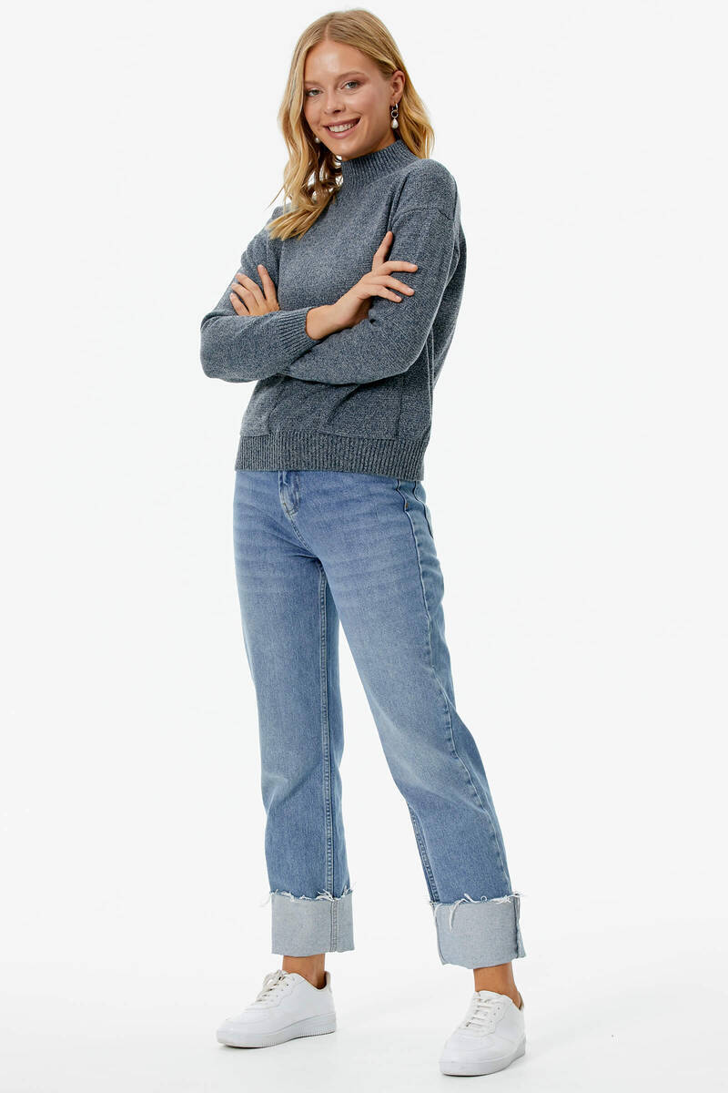 Dik Yaka Cepli Triko Kazak - Gri (3) Sementa