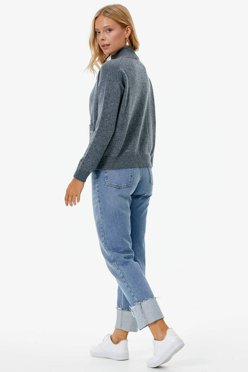 Dik Yaka Cepli Triko Kazak - Gri (4) Sementa