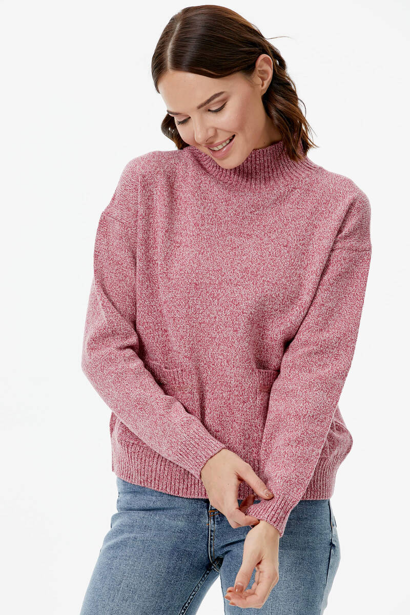 Dik Yaka Cepli Triko Kazak - Gül (3) Sementa