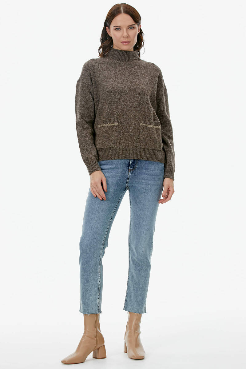 Dik Yaka Cepli Triko Kazak - Kahve (3) Sementa