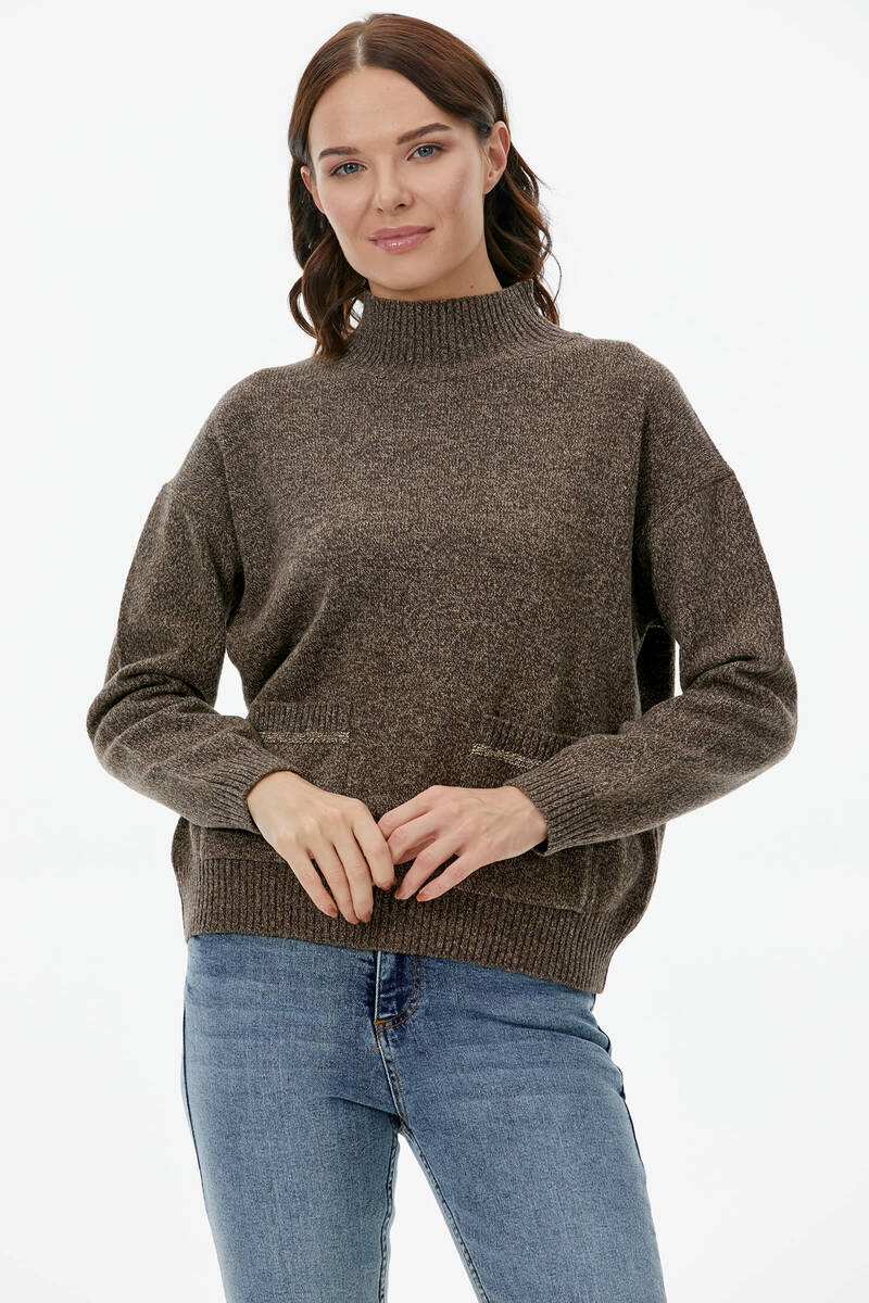 Dik Yaka Cepli Triko Kazak - Kahve (4) Sementa