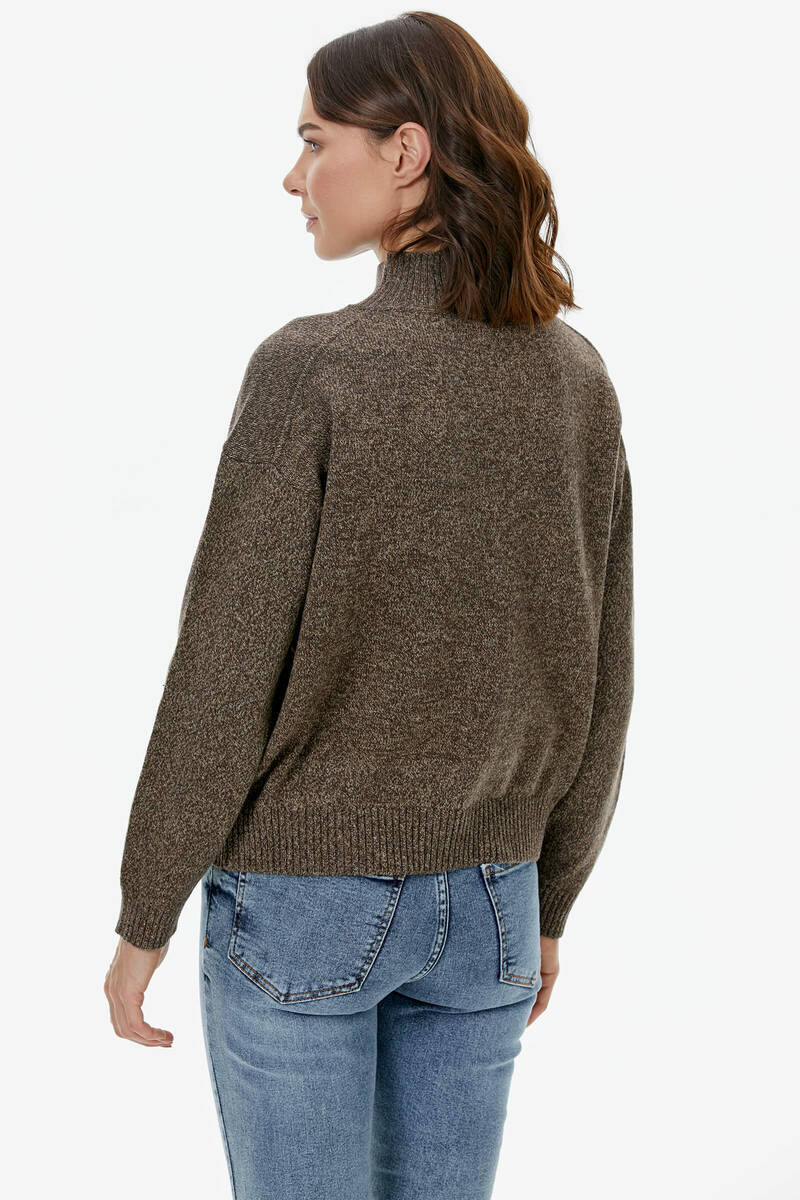 Dik Yaka Cepli Triko Kazak - Kahve (5) Sementa