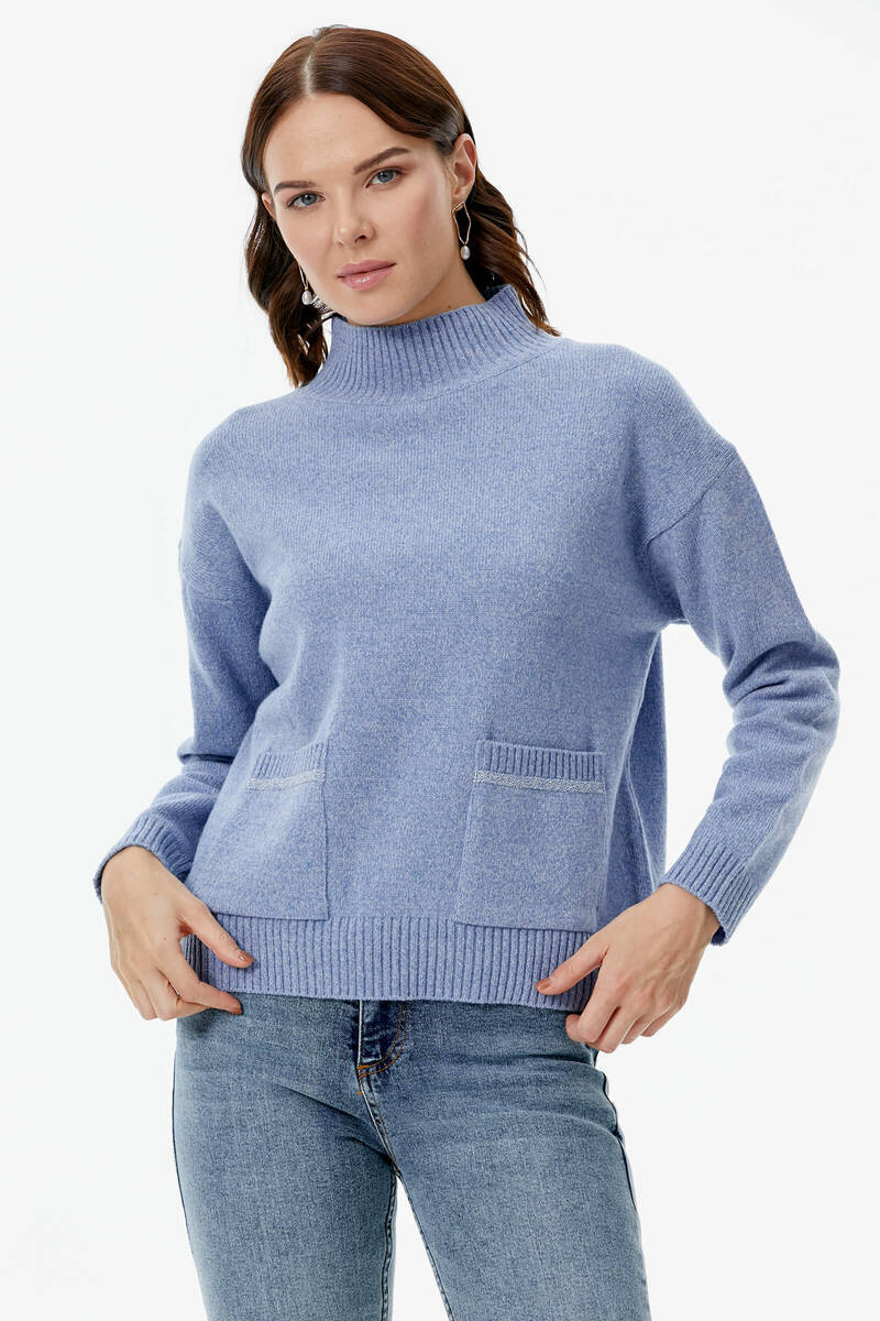 Dik Yaka Cepli Triko Kazak - Mavi (3) Sementa