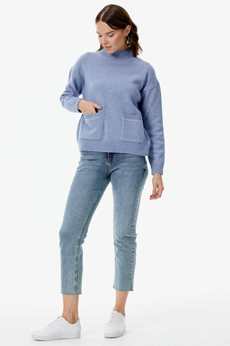 Dik Yaka Cepli Triko Kazak - Mavi (4) Sementa