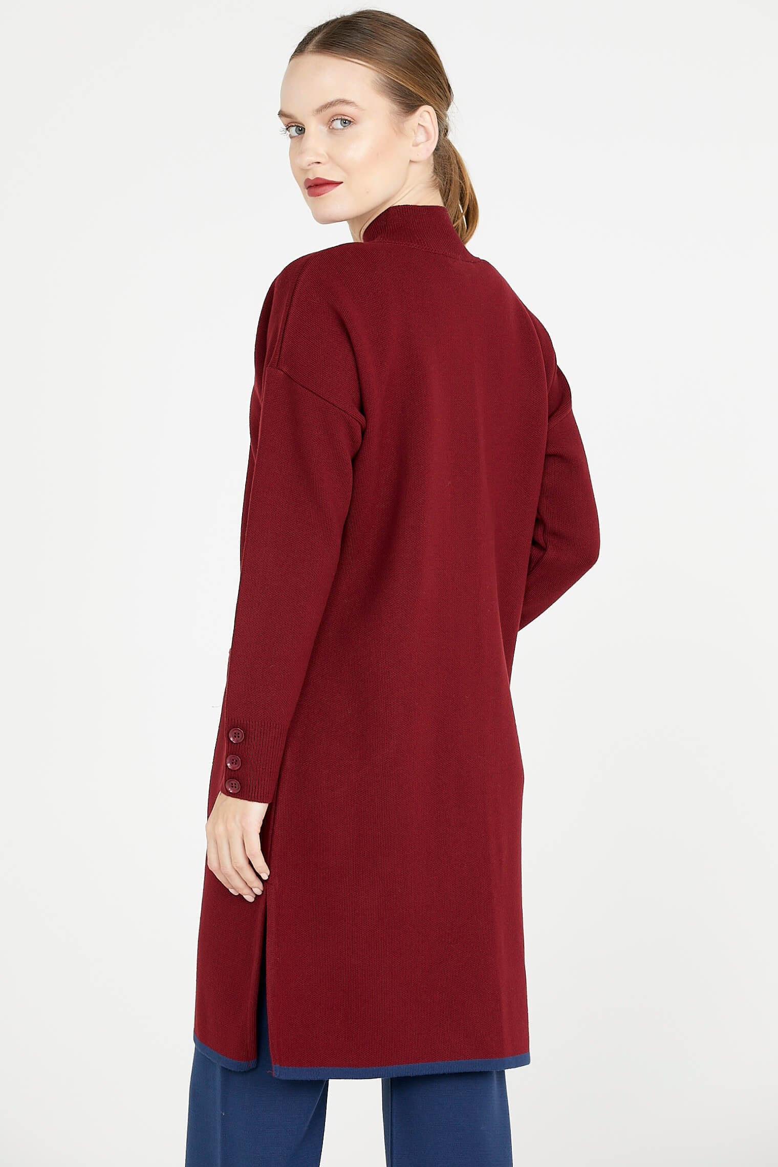 Dik Yaka Cepli Uzun Triko Ceket - Bordo (4) Sementa