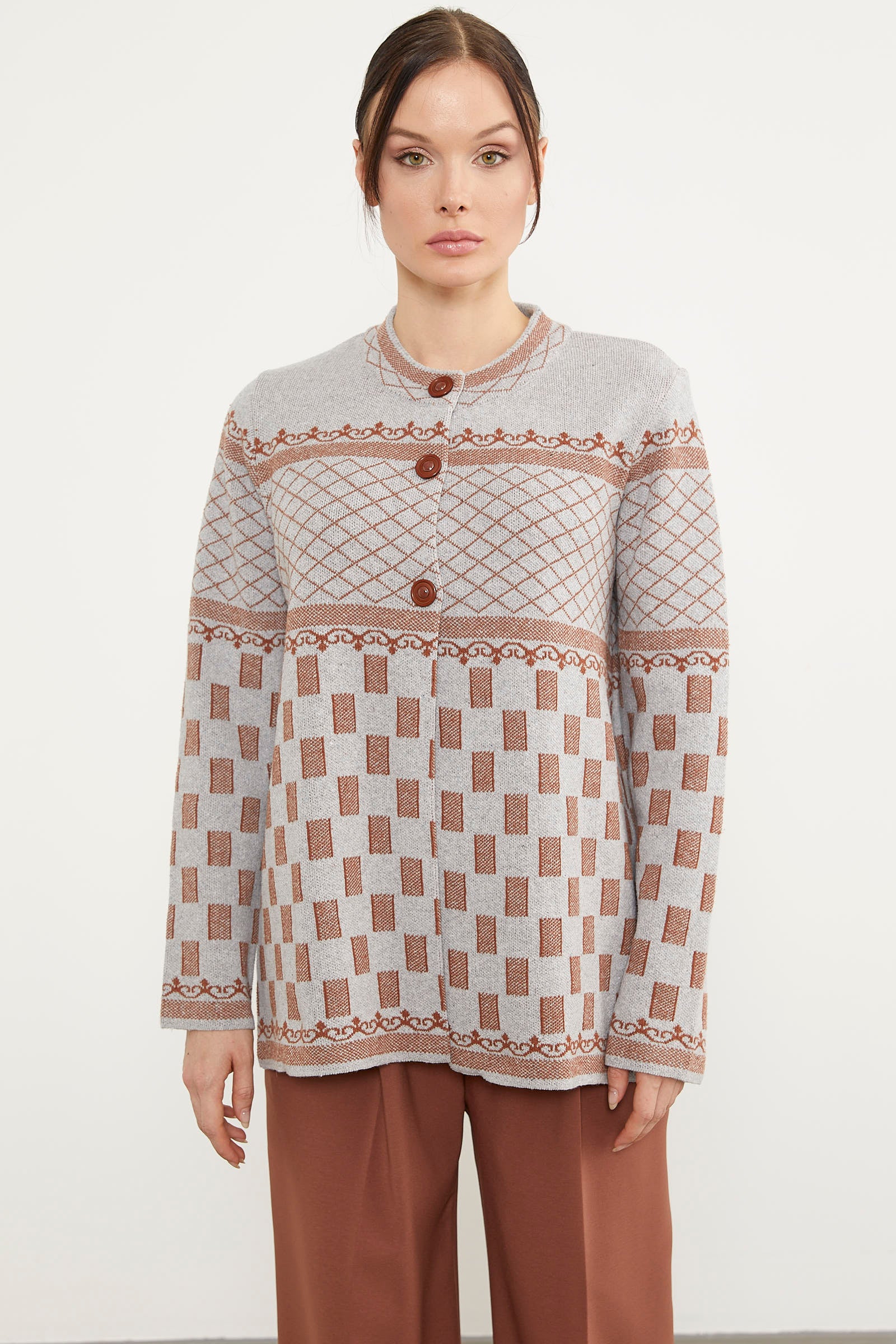 Dik Yaka Desenli Düğmeli Triko Hırka - Açık Gri (3) Sementa