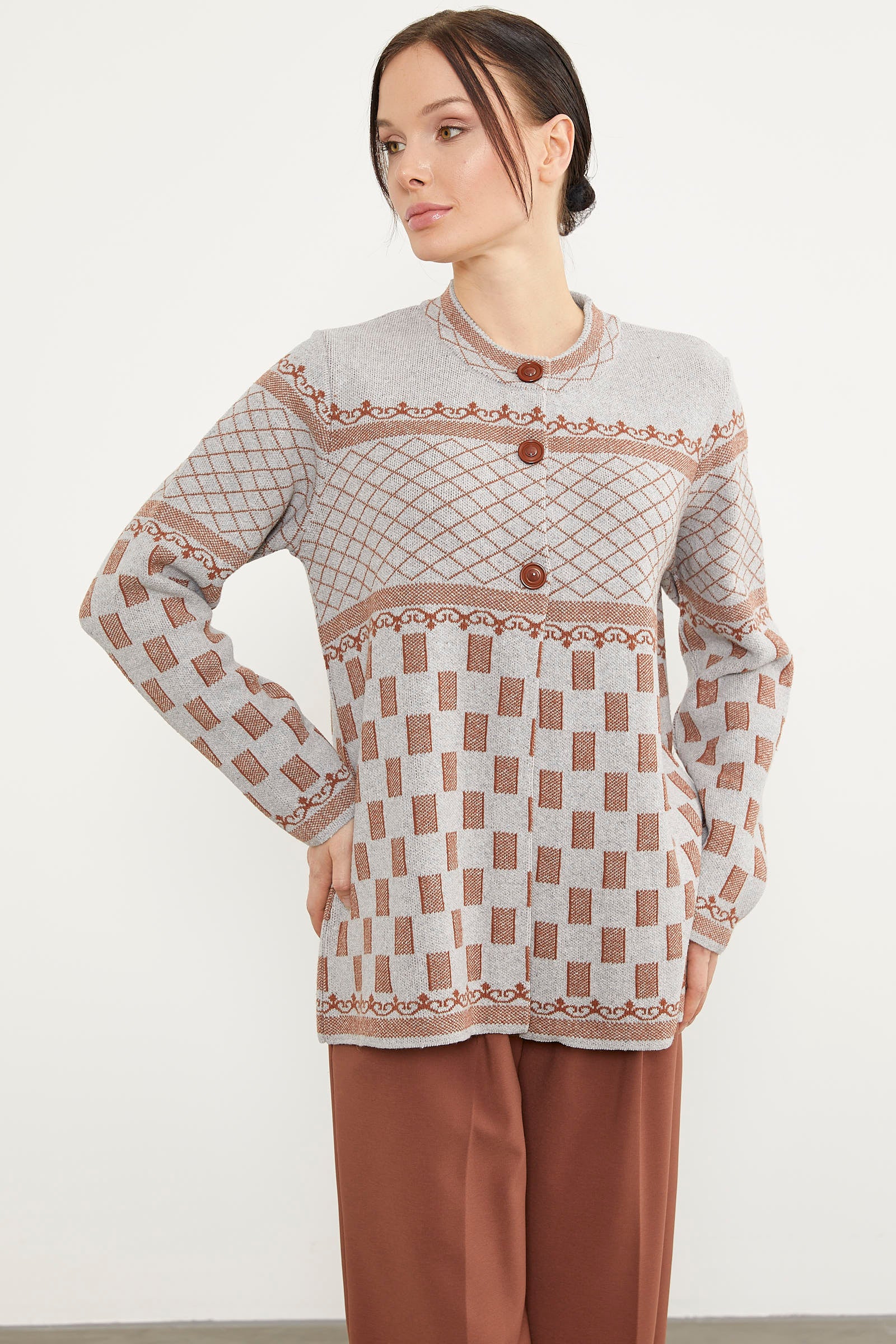 Dik Yaka Desenli Düğmeli Triko Hırka - Açık Gri (2) Sementa