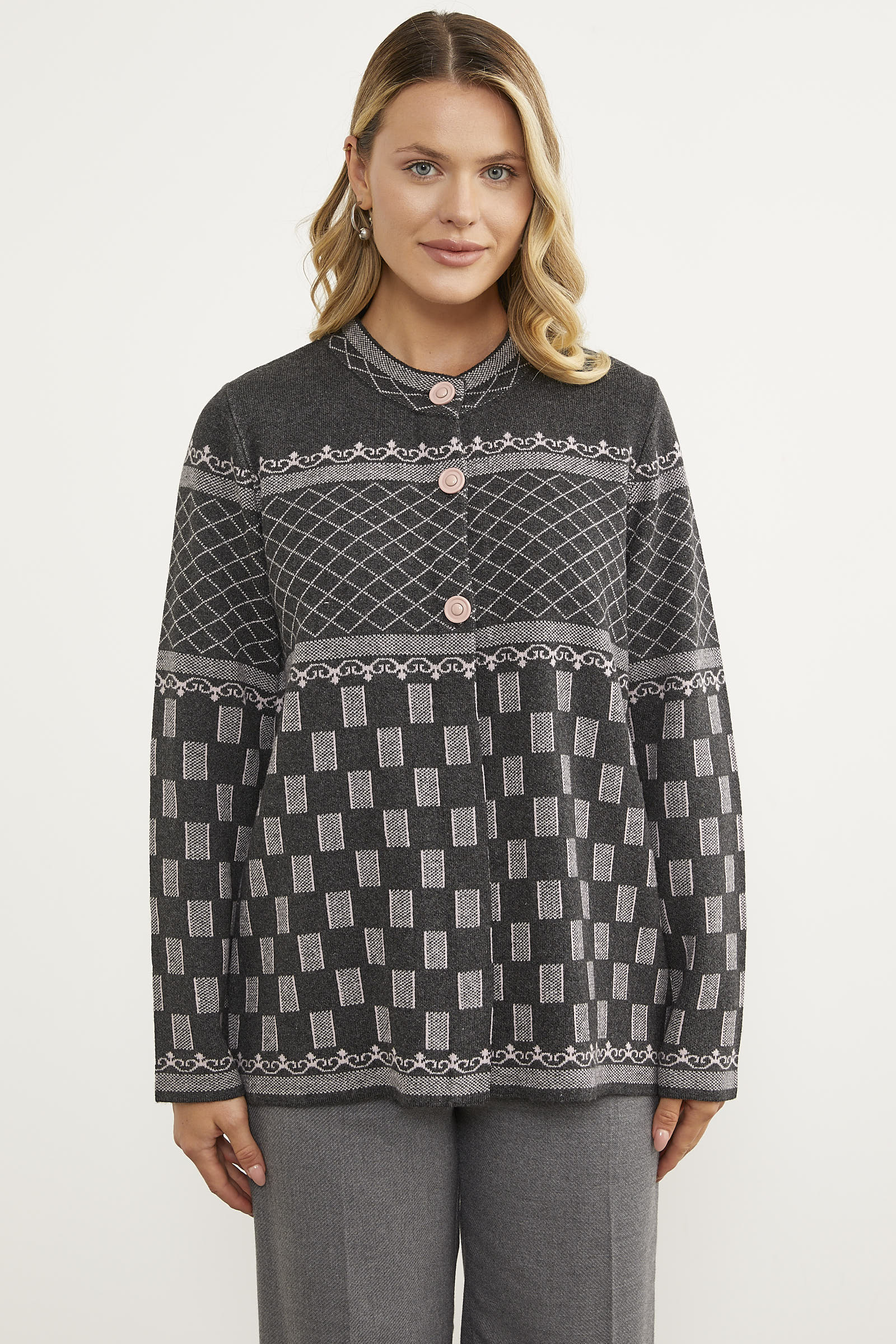 Dik Yaka Desenli Düğmeli Triko Hırka - Antrasit (2) Sementa