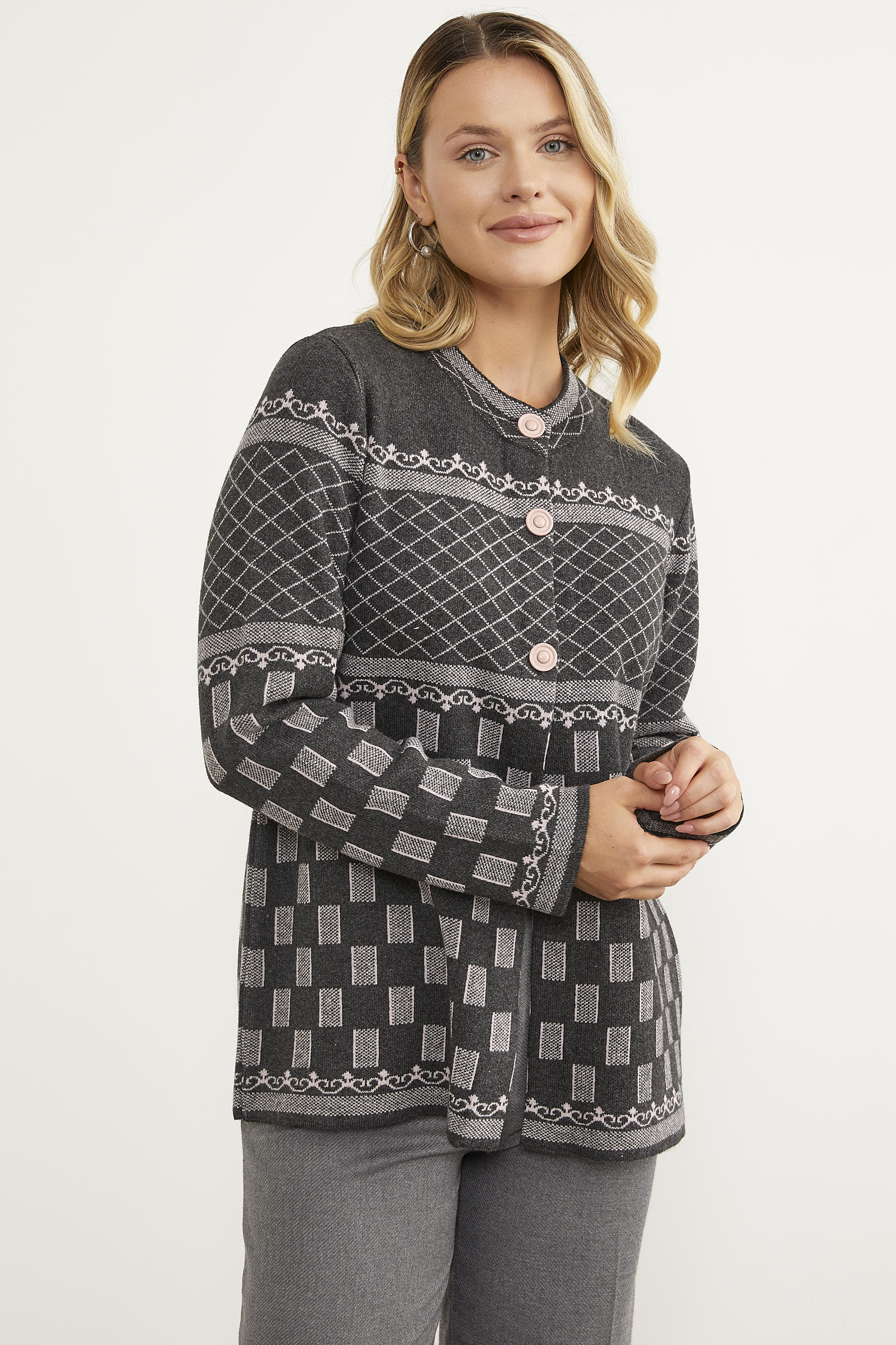 Dik Yaka Desenli Düğmeli Triko Hırka - Antrasit (3) Sementa