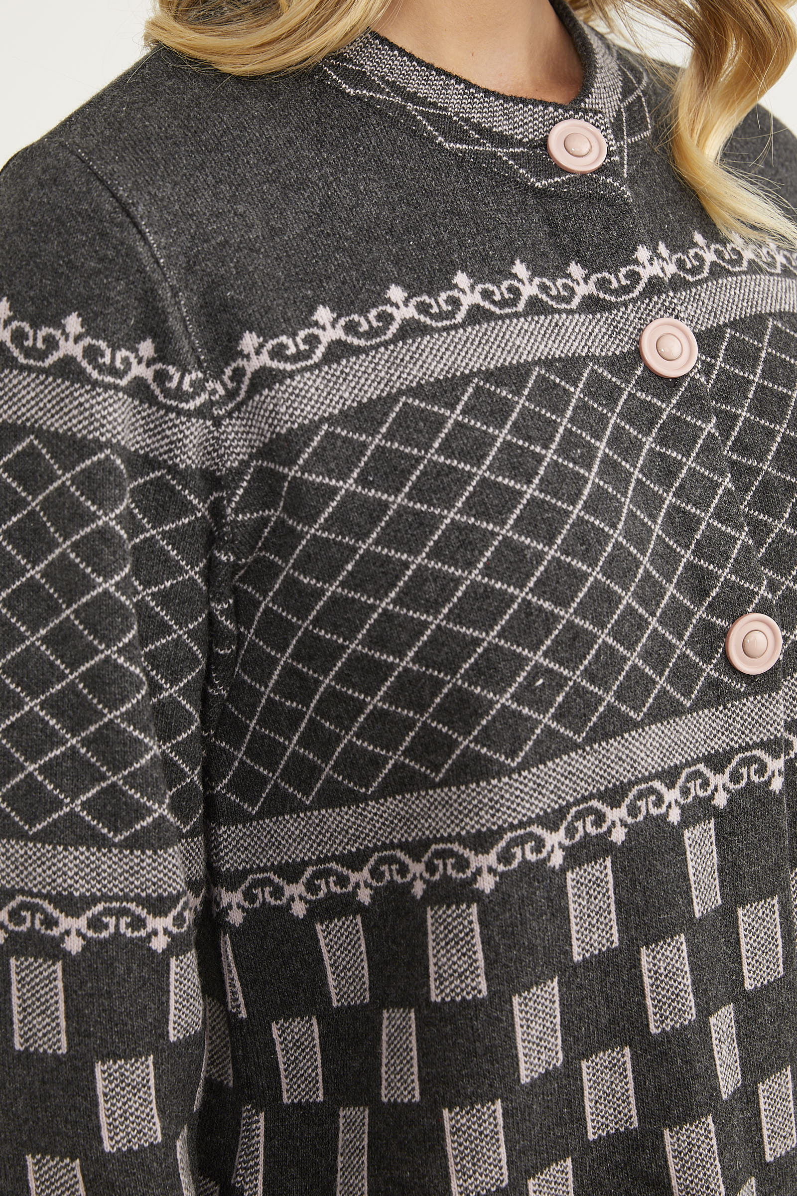 Dik Yaka Desenli Düğmeli Triko Hırka - Antrasit (5) Sementa