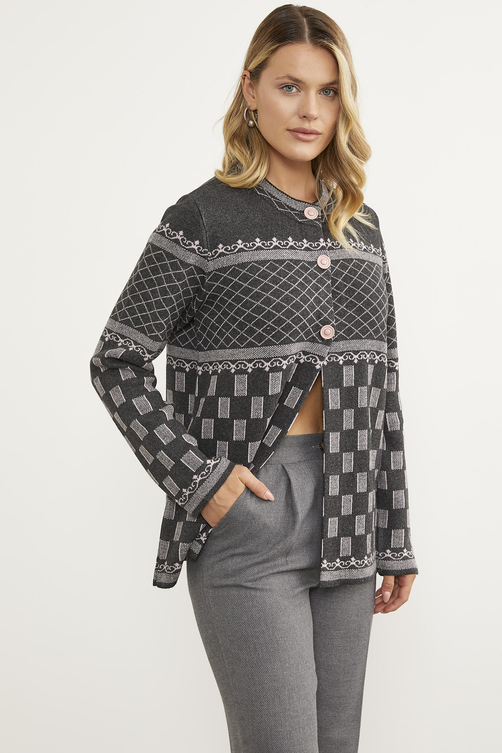 Dik Yaka Desenli Düğmeli Triko Hırka - Antrasit (4) Sementa