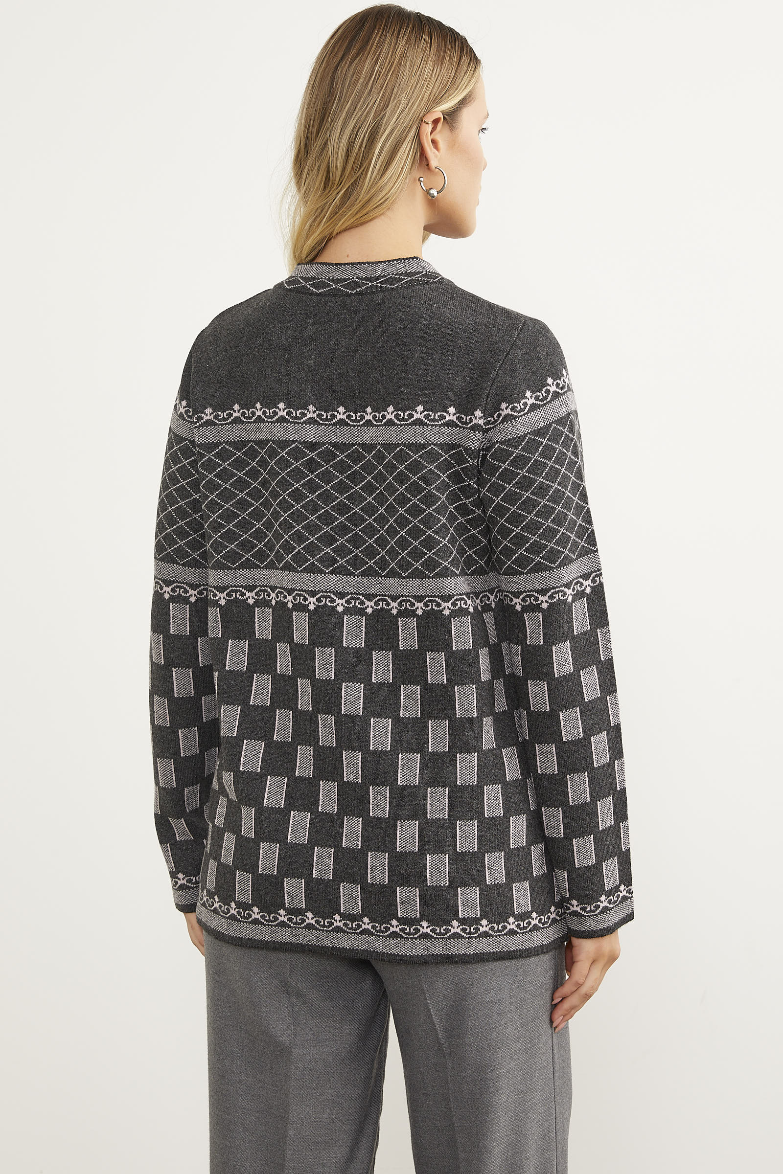 Dik Yaka Desenli Düğmeli Triko Hırka - Antrasit (6) Sementa