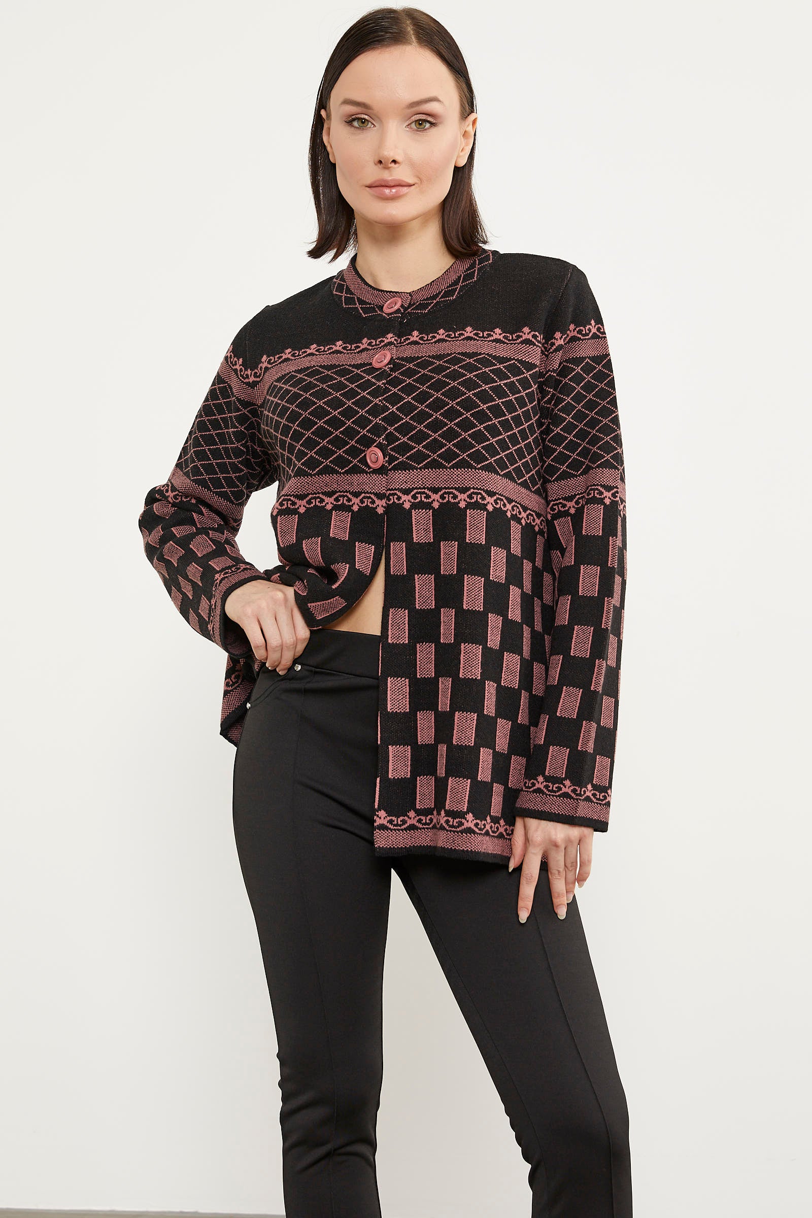 Dik Yaka Desenli Düğmeli Triko Hırka - Siyah (1) Sementa