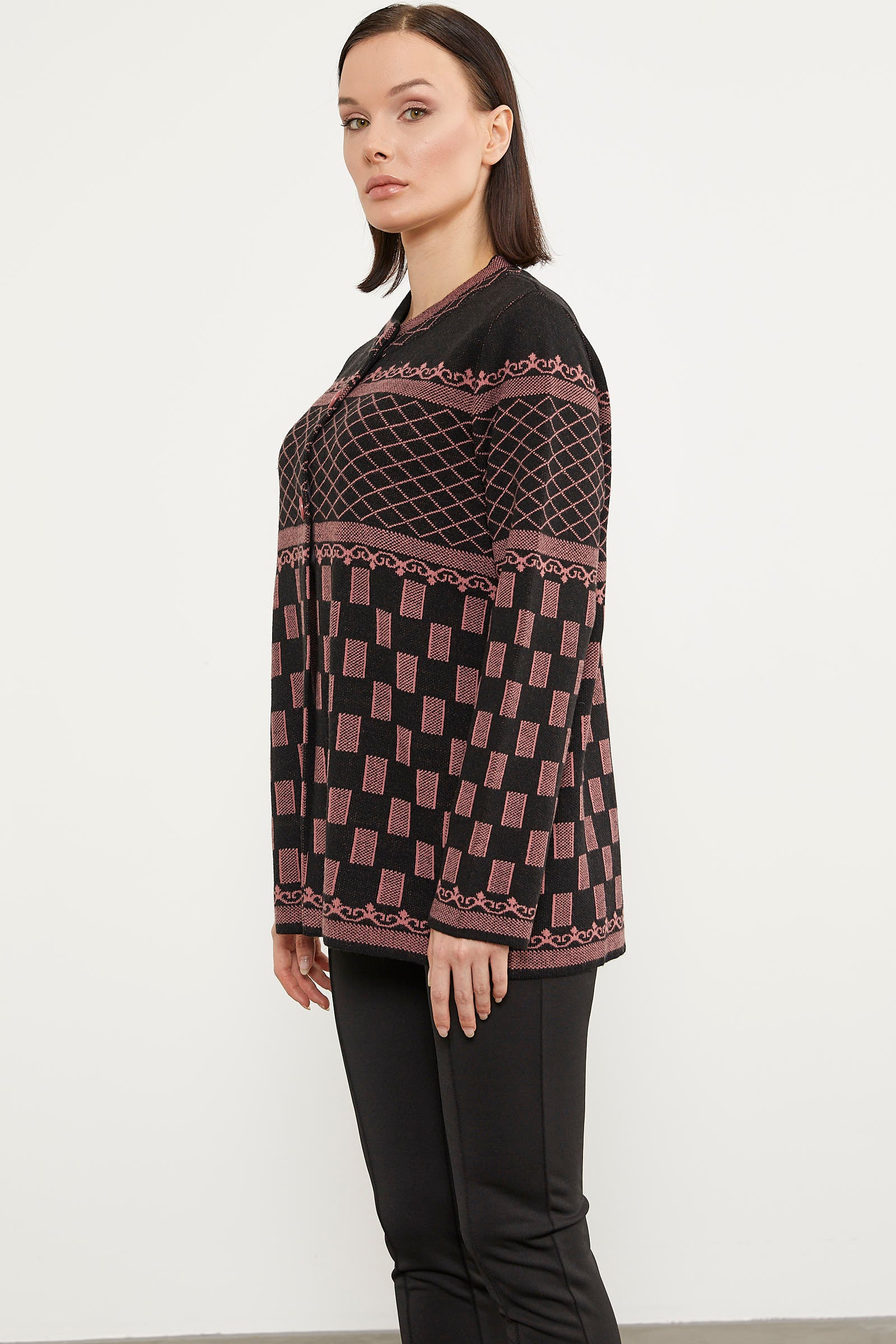 Dik Yaka Desenli Düğmeli Triko Hırka - Siyah (6) Sementa