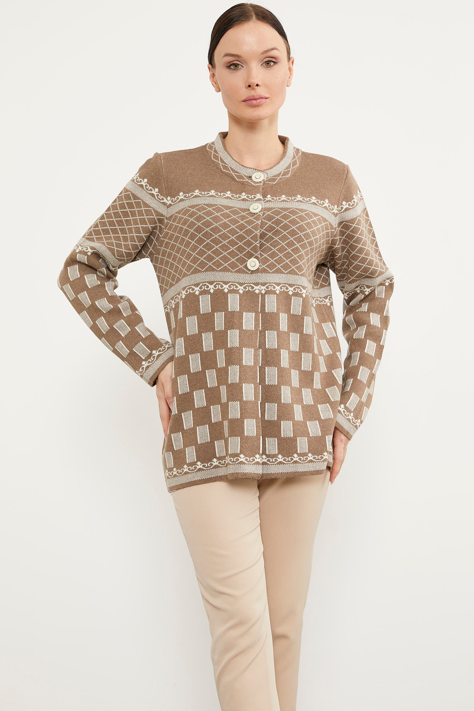 Dik Yaka Desenli Düğmeli Triko Hırka - Sütlü Kahve (2) Sementa