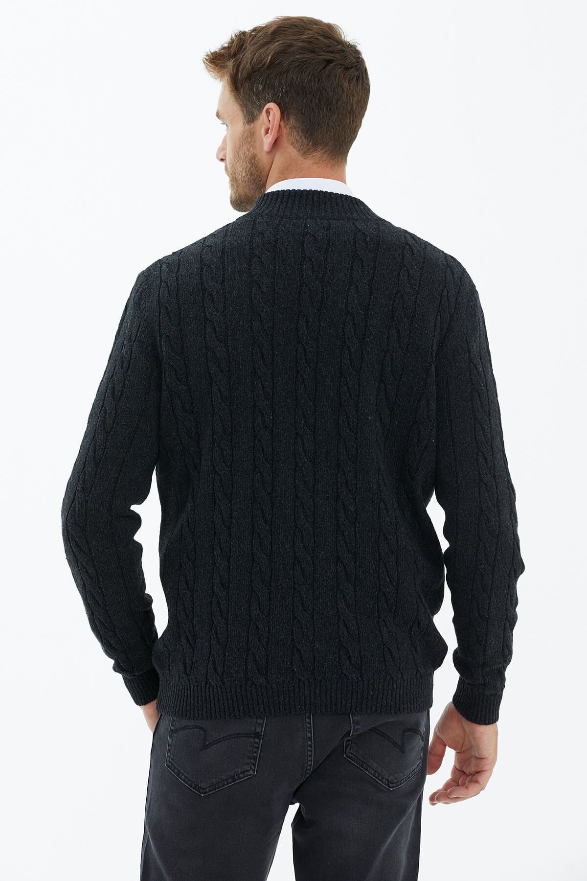 Dik Yaka Düğmeli Triko Hırka - Siyah (4) Sementa