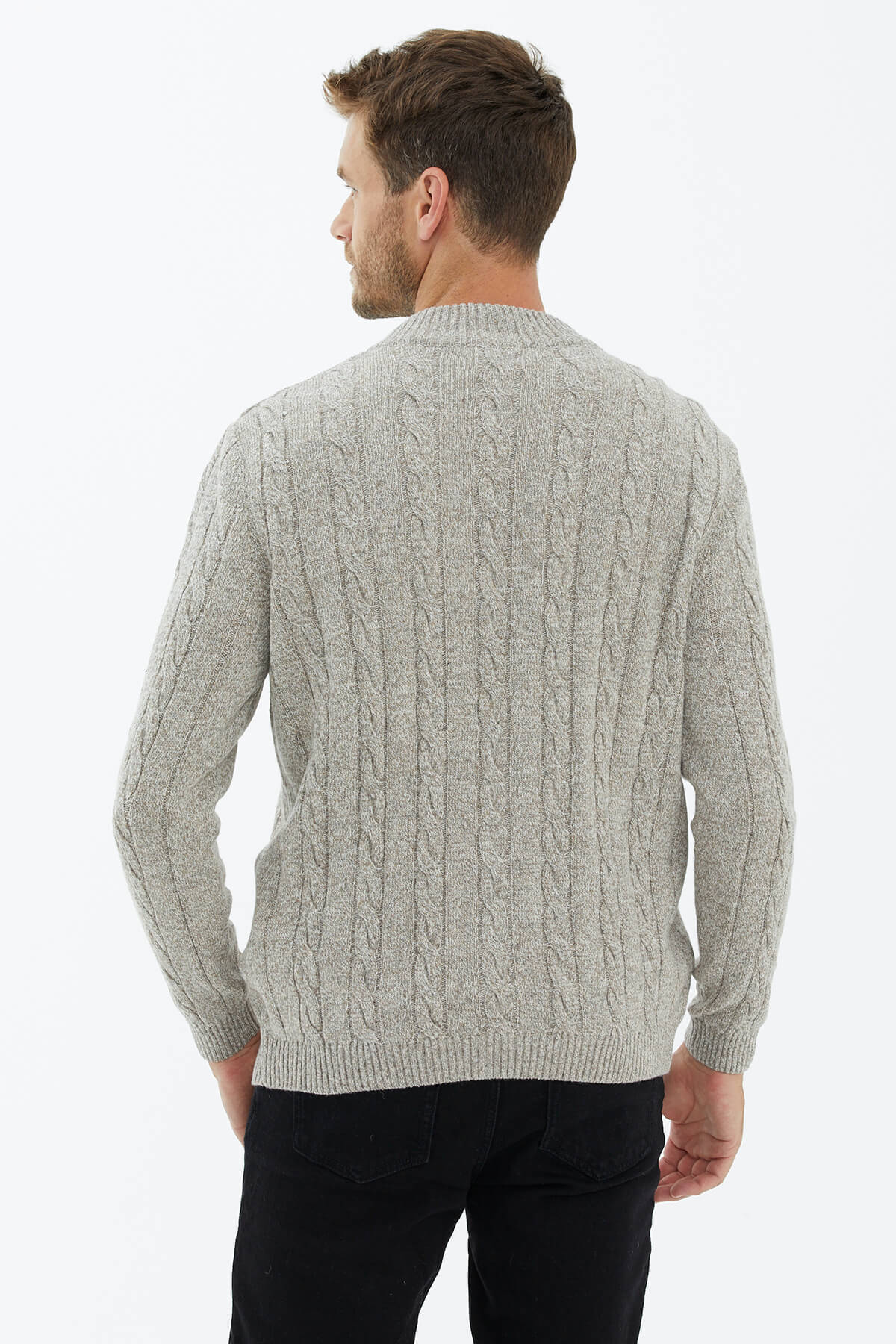 Dik Yaka Düğmeli Triko Hırka - Sütlü Kahve (4) Sementa