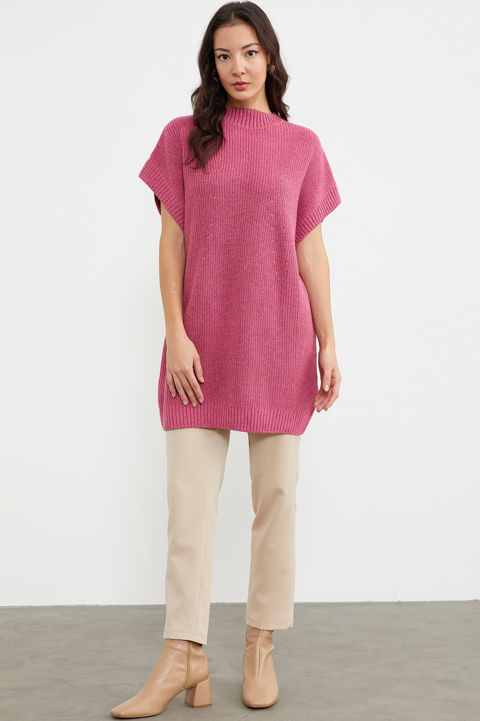 Dik Yaka Uzun Triko Süveter - Gül (1) Sementa